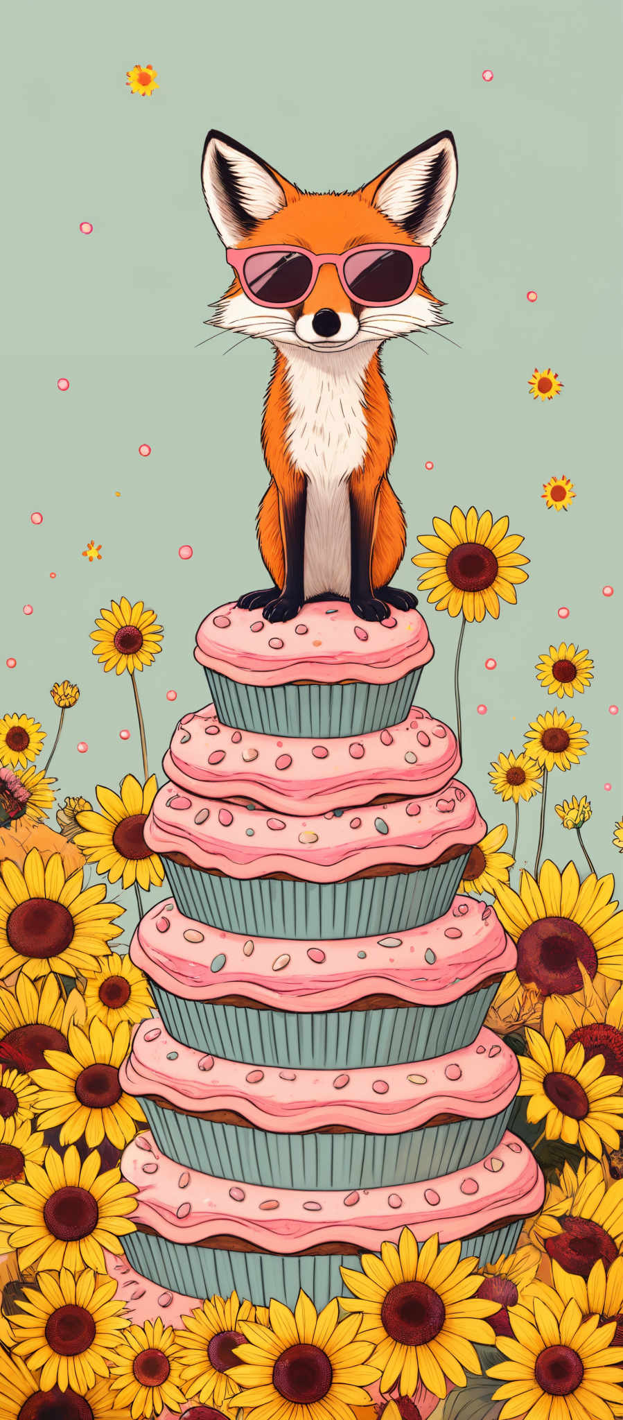 The image showcases a fox wearing pink sunglasses, sitting atop a stack of cupcakes. The cupcake stack is adorned with pink frosting and sprinkles. The fox is surrounded by a field of sunflowers with yellow petals and dark centers. The background is a soft teal color with small yellow flowers floating around.