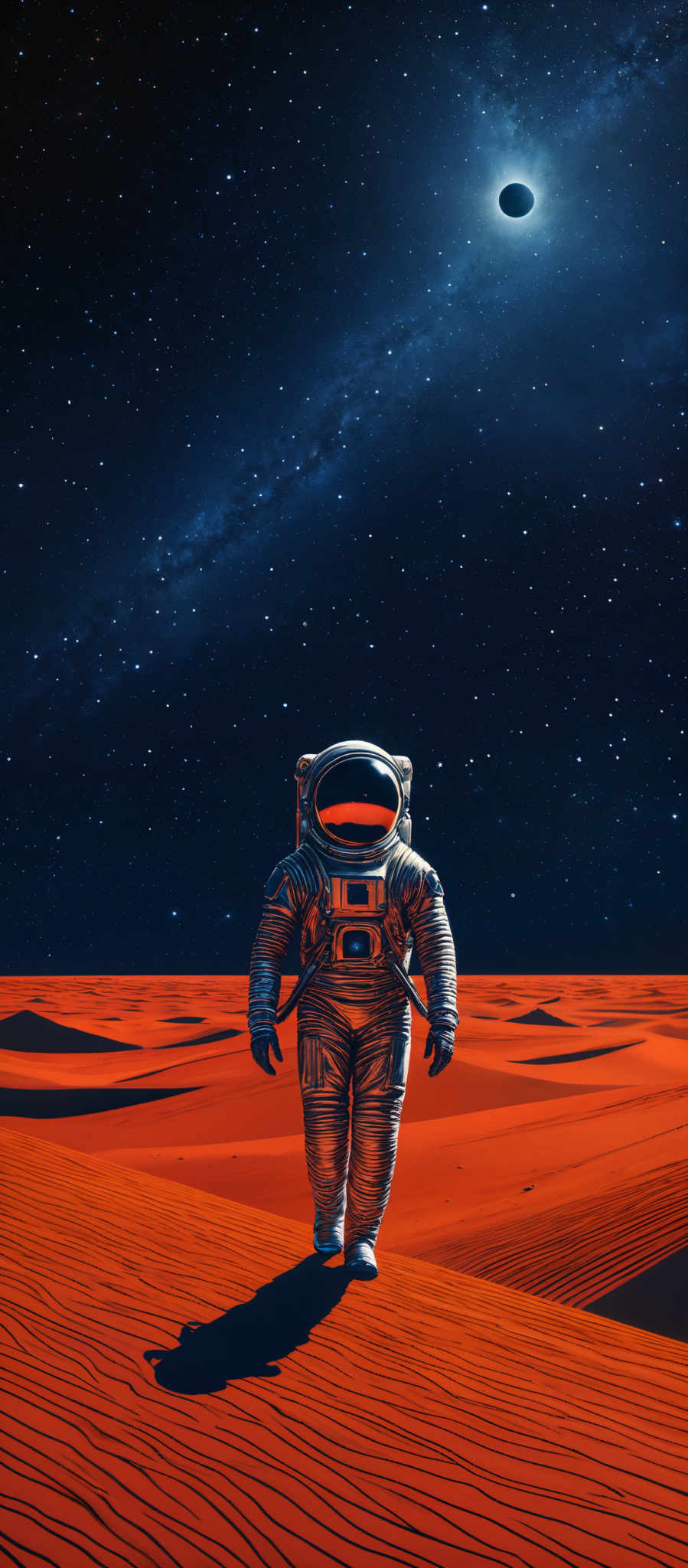 The image showcases a vast expanse of a barren landscape with a prominent astronaut in the foreground. The astronaut is wearing a detailed spacesuit with various equipment attached, and the helmet has a reflective visor. The ground is a vibrant shade of orange, possibly indicating sand or a similar material. Above the astronaut, the sky is filled with stars, and there's a prominent celestial body, possibly a planet or moon, shining brightly. The Milky Way galaxy can also be seen stretching across the sky, adding depth and dimension to the scene.