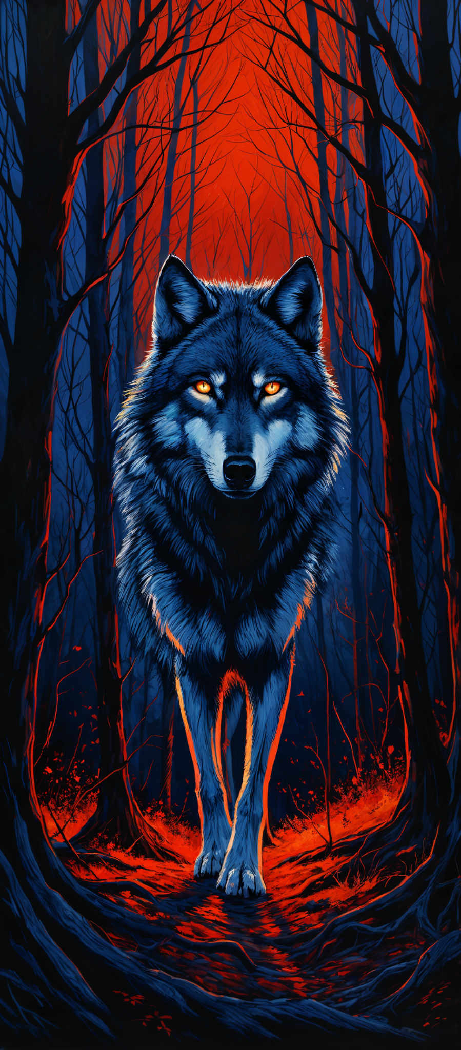 The image showcases a striking contrast of colors. The dominant hues are deep blues and fiery reds. The central figure is a wolf with a deep blue and white fur coat, and its eyes glow with a fiery amber. The wolf stands amidst a forest setting with tall, slender trees whose branches are depicted in a dark silhouette against a vibrant red background. The forest floor is illuminated with a warm, fiery orange glow, possibly suggesting a setting sun or some other source of light.