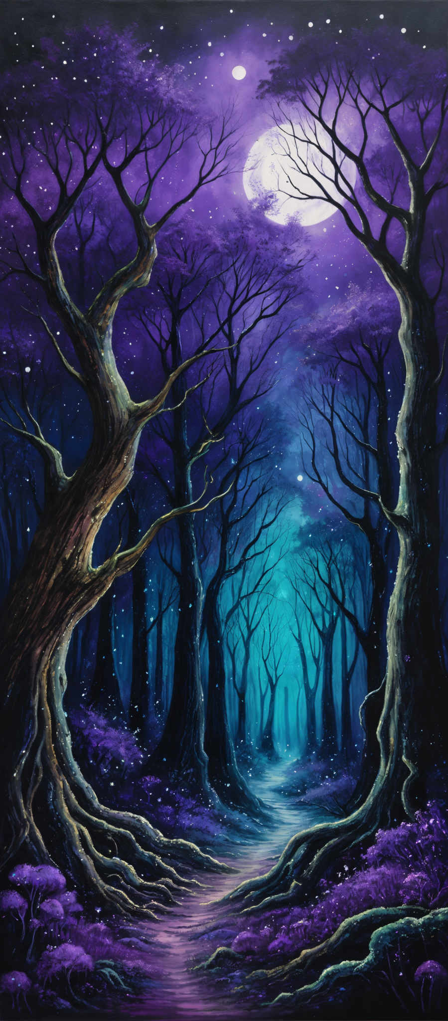 The image showcases a mystical forest with a dominant purple hue. The trees have twisted and gnarled branches, and their roots are prominently displayed, giving them an ancient and wise appearance. The ground is covered in purple flowers and moss, and there's a pathway that leads deeper into the forest. The sky is filled with stars, and a large, luminous moon is visible, casting a soft glow over the scene. The overall ambiance is enchanting and otherworldly.