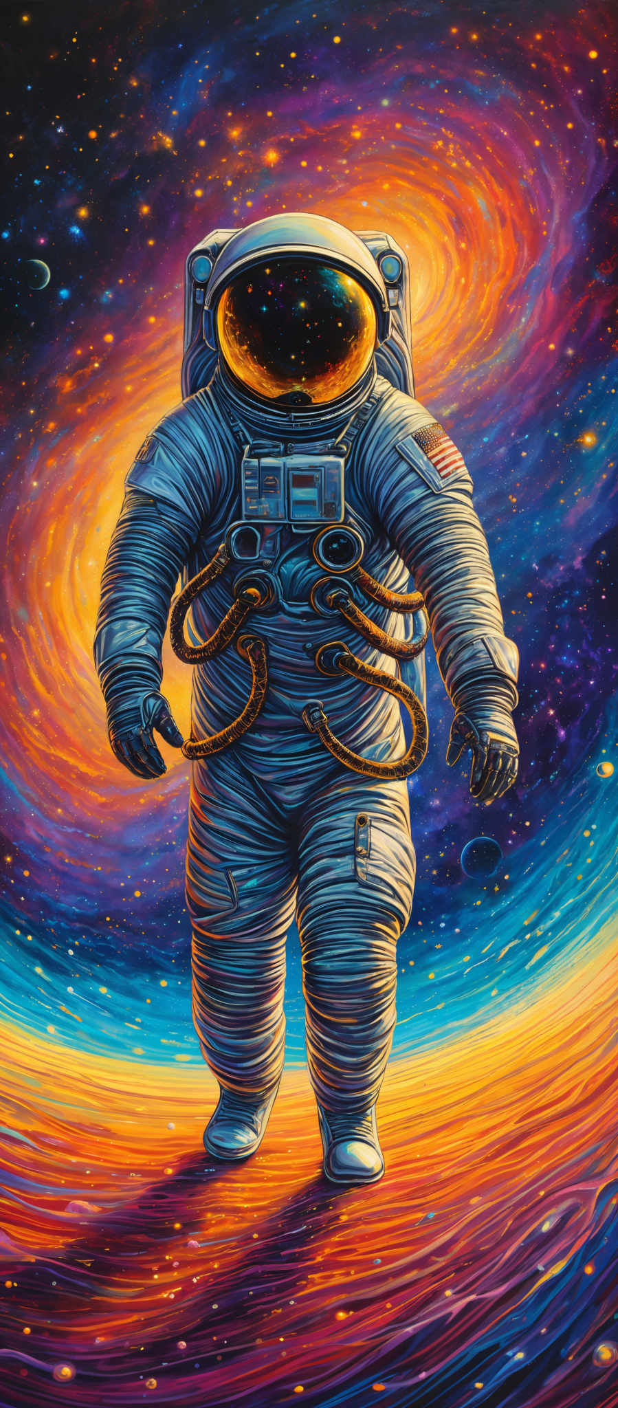 The image showcases a vibrant and colorful cosmic scene with swirling galaxies and stars. Dominating the foreground is an astronaut in a detailed spacesuit, complete with tubes, buttons, and an American flag patch. The astronaut's visor reflects a myriad of colors, possibly representing the vastness of space. The ground beneath the astronaut appears to be a mix of fiery reds and blues, suggesting a different planet or celestial body.