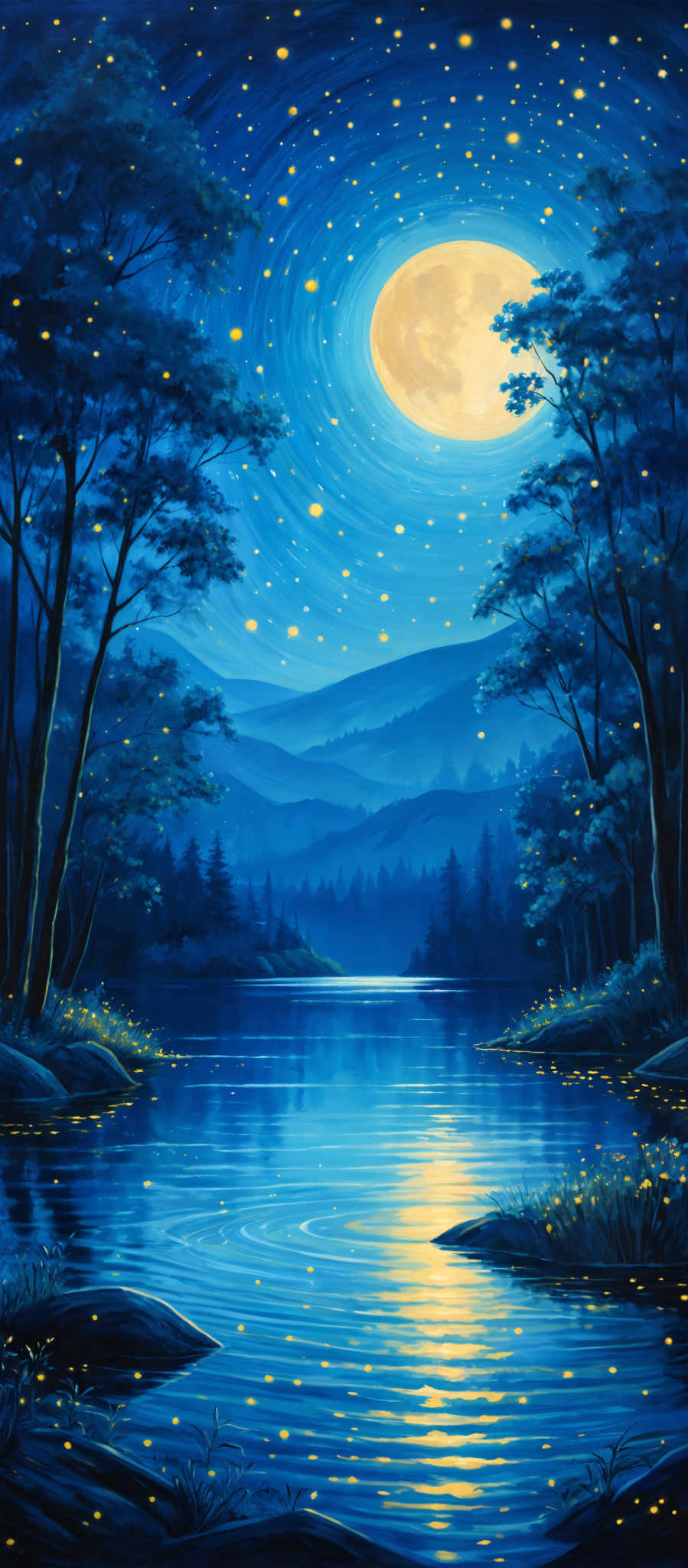 The image showcases a serene nighttime landscape. Dominated by shades of blue, it depicts a moonlit sky with stars scattered across. The moon itself is large and glowing, casting a soft light on the scene below. In the foreground, there's a calm body of water reflecting the moon's glow. On either side of the water, there are tall trees with their branches reaching out, some of which are laden with leaves. The trees are silhouetted against the moonlit background, adding depth to the scene. The water's surface has gentle ripples, and there are small, glow-like specks scattered throughout, possibly representing fireflies or stars. In addition, there is a signature at the bottom right corner, indicating the artist's mark.