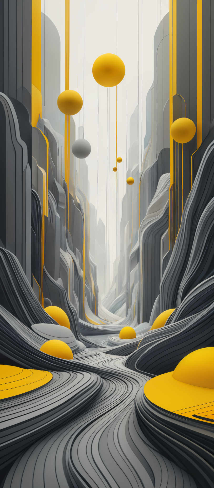 The image showcases a surreal and abstract landscape. Dominated by shades of gray and yellow, the scene features tall, wavy structures that resemble cliffs or mountains. These structures have a layered appearance, suggesting depth and dimension. Suspended from these structures are various oval-shaped objects, some of which are yellow and others gray. The ground is covered with a series of intertwined, curved lines that resemble flowing water or a riverbed. The overall ambiance of the image is mysterious and otherworldly.