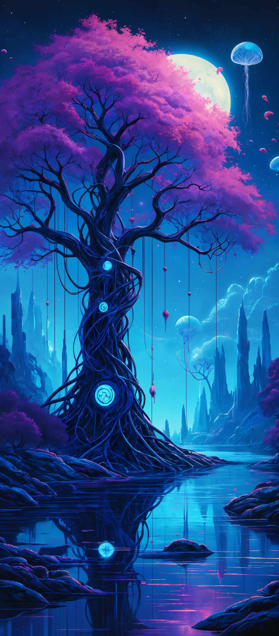 The image showcases a vibrant and mystical landscape. Dominating the scene is a large, twisted tree with a canopy of pinkish-purple leaves. Hanging from the tree are glowing orbs, and its roots are intertwined with a series of blue, spiral-shaped structures. The background features a serene body of water reflecting the tree and the sky. Above, there are floating jellyfish-like creatures and a large moon or planet illuminating the night sky. The color palette is predominantly blue and pink, creating a dreamy and otherworldly atmosphere.