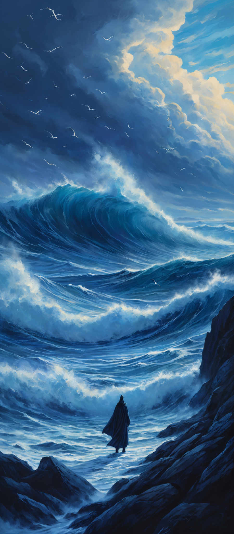 The image showcases a dramatic seascape with towering waves crashing against the rocks. The sky is painted in shades of blue and white, with dark clouds looming overhead. Birds can be seen flying in the distance. In the foreground, a lone figure stands on the rocks, gazing at the vast ocean, draped in a cloak. The waves are depicted with intricate details, showing their power and movement. The overall mood of the image is one of awe and contemplation.