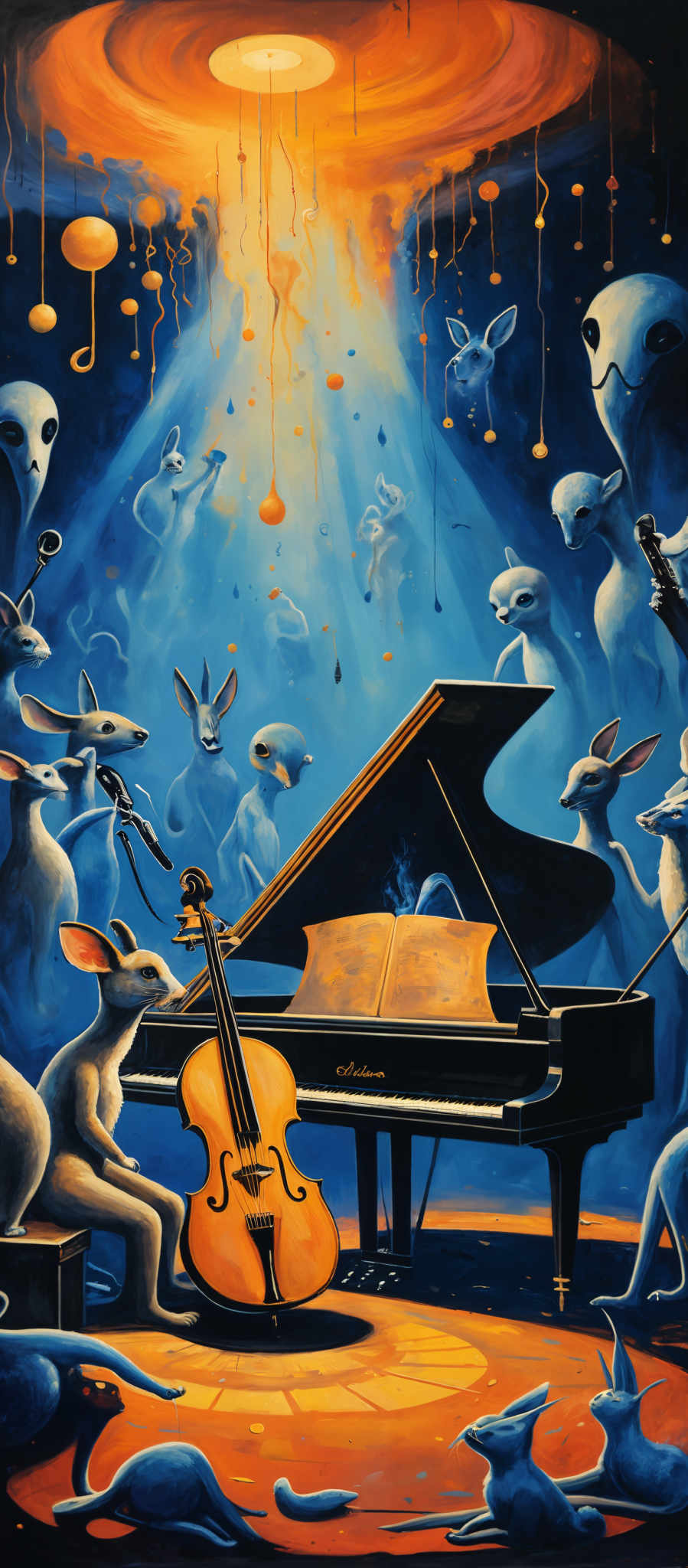 The image is dominated by a rich blend of blues and oranges. The background showcases a radiant, glowing orb emitting a warm orange hue, surrounded by floating orbs and swirling patterns. The central focus is a grand piano, with a unique design, placed on a circular platform. In front of the piano, there's a rabbit playing a cello, and beside it, another rabbit is seated, seemingly observing. The room is filled with various anthropomorphic creatures, possibly aliens, playing various musical instruments. The creatures have elongated heads and slender bodies, and they are depicted in various poses, some playing instruments, while others are just observing the scene. The floor is adorned with a circular pattern, and the overall ambiance is one of a mystical, otherworldly musical gather