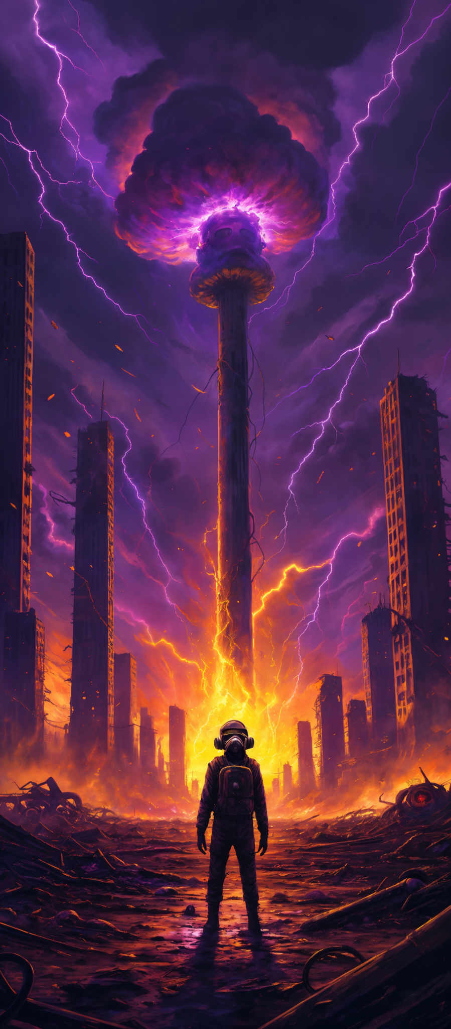 The image predominantly features a mix of purples, blues, and fiery oranges and reds. The sky is filled with vibrant purple and blue hues, interspersed with bright white lightning bolts. Below, there's a cityscape that appears to be in ruins, with tall buildings that have been damaged or destroyed. The ground is littered with debris and rubble. In the foreground, there is a lone figure, possibly a soldier or a survivor, wearing a helmet and a backpack. The figure is facing a tall, cylindrical structure emitting a bright, fiery glow from its top. The overall atmosphere of the image is one of chaos, destruction, and awe.