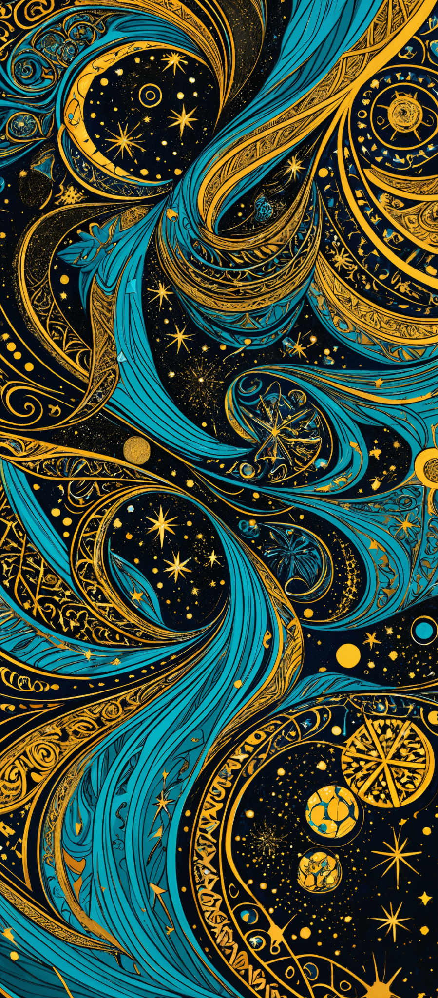 The image showcases a vibrant and intricate design with dominant colors of blue and gold. The shapes are swirling and winding, reminiscent of flowing rivers or cosmic patterns. The design is adorned with various symbols, such as stars, crescents, and other ornate patterns. It gives an impression of a cosmic or celestial theme, intertwined with intricate patterns that could be inspired by traditional or tribal art.