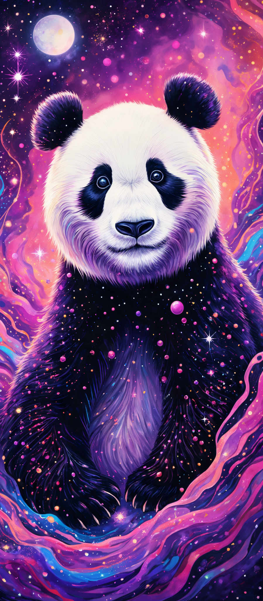 The image showcases a vibrant and colorful depiction of a panda. The panda is surrounded by a cosmic, galaxy-like background filled with swirling colors, stars, and celestial bodies. The dominant colors in the background are shades of purple, pink, and blue, creating a dreamy and ethereal atmosphere. The swirled patterns give the impression of a nebula or a cosmos, with bright stars and celestic bodies scattered throughout. The overall impression is one of a mystical and otherworldly panda set against a backdrop of the universe.