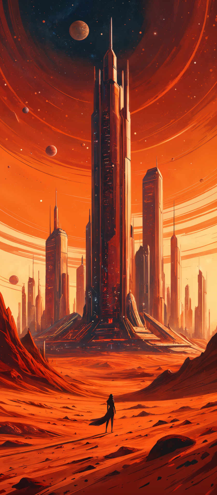 The image showcases a futuristic cityscape set against a vibrant red sky. Dominating the scene are tall, sleek skyscrapers, some of which have pointed spires. The sky is filled with swirling patterns of red and orange hues, and there are multiple celestial bodies, including planets and moons, visible. In the foreground, there's a lone figure standing on a barren landscape, looking towards the city. The ground is rocky and uneven, with scattered debris and structures.