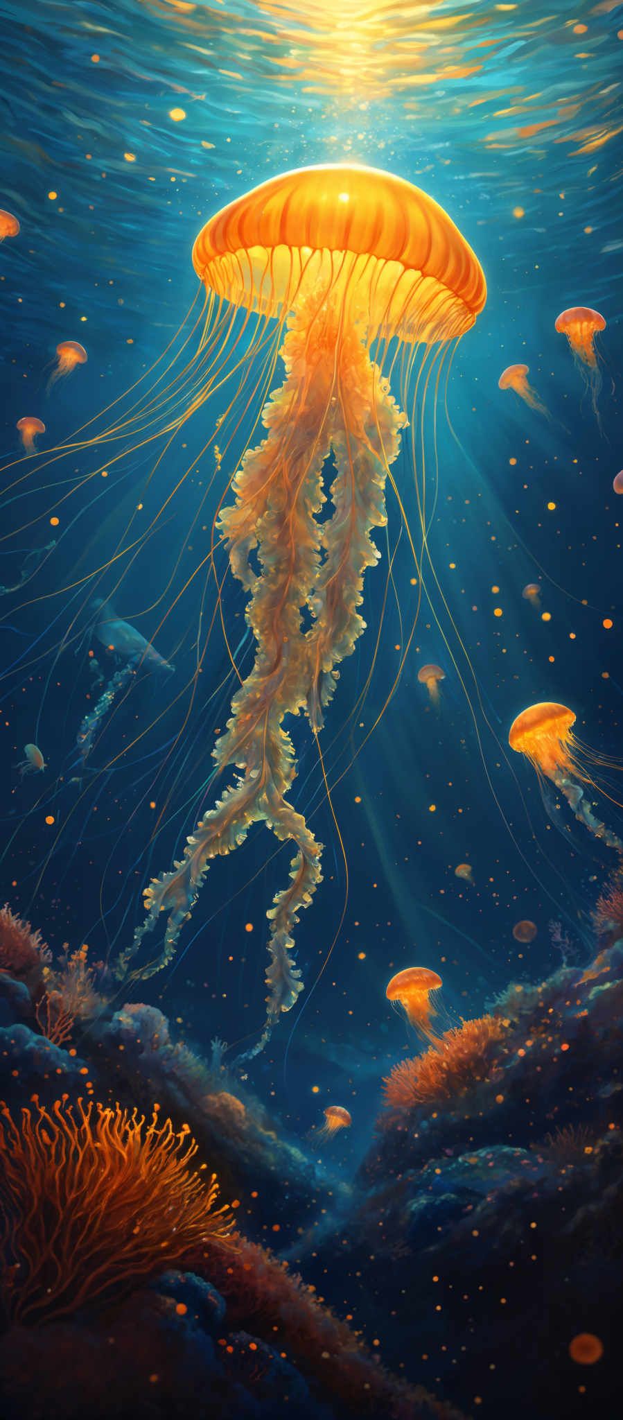 The image showcases a vibrant underwater scene dominated by the luminescent glow of jellyfish. The jellyfis are primarily orange with translucent bodies, and they float gracefully in the water. The background is a deep blue, representing the vastness of the ocean. There are smaller jelly fish scattered throughout, and the water is dotted with tiny, glowing particles, possibly bioluminescent plankton. The ocean floor is visible at the bottom, adorned with coral formations and other marine life.