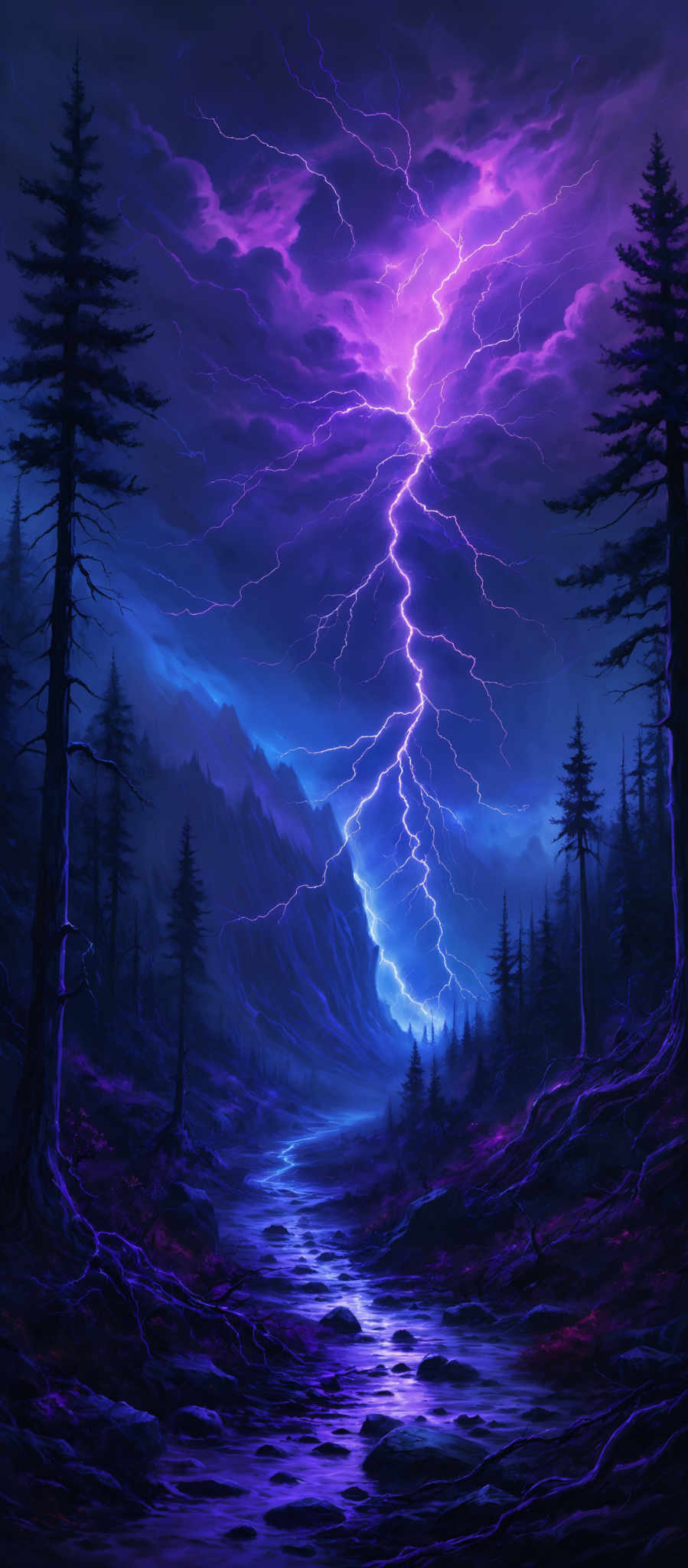 The image showcases a vibrant and dramatic landscape. The dominant colors are shades of purple, blue, and white. The sky is filled with dark clouds, from which a bright, jagged lightning bolt strikes down. This bolt illuminates the surrounding area, casting a purplish glow. In the foreground, there's a serene river or stream with a reflective surface, showing the lightning and the surrounding landscape. On either side of the river, there are tall pine trees, their silhouettes contrasting against the bright sky. The terrain appears rugged with rocky outcrops and a mountainous backdrop.