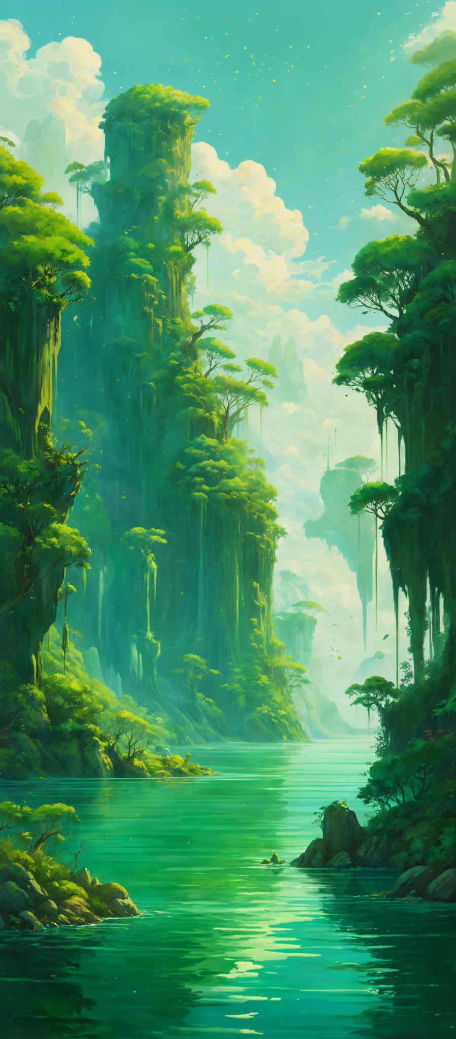 The image showcases a serene and picturesque landscape. Dominated by shades of green, it depicts tall, lush trees and vegetation that seem to grow directly out of rock formations. These formations, resembling cliffs, are covered in green moss and foliage, giving them a unique, almost mystical appearance. The sky is a clear blue with a few scattered clouds, and there are small, golden birds flying around. The water below is calm, reflecting the greenery and the sky, and is bordered by rocky outcrops and a few small islands or rock formulations.