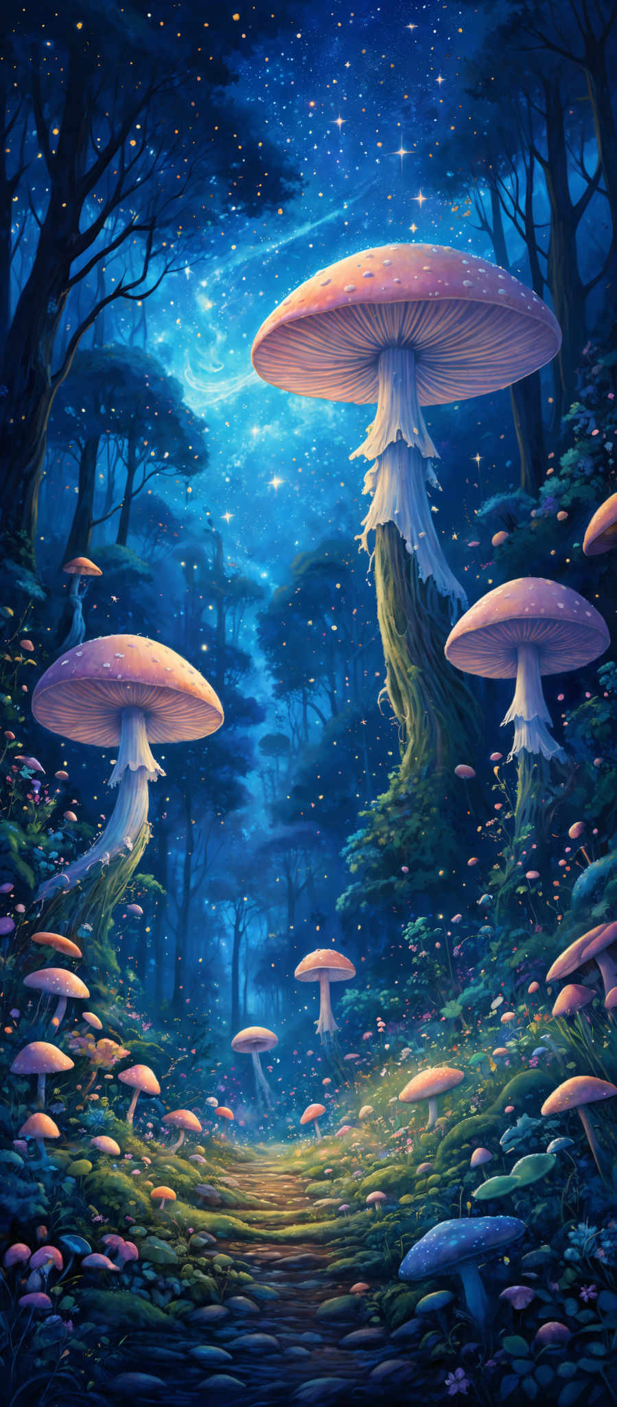 The image showcases a vibrant and enchanting nighttime forest scene. Dominating the scene are large, vividly colored mushrooms with pink caps and white spots. These mushroom caps are reminiscent of the iconic 'Amanita muscaria' or 'fly agaric' mushrooms. The mushroms are set against a backdrop of a starry night sky, with a mix of blue and white hues. The trees in the background are silhouetted, adding depth to the scene. The ground is covered in a carpet of smaller mushros, flowers, and foliage, illuminated by a soft, ethereal light, possibly from the moon or the stars.