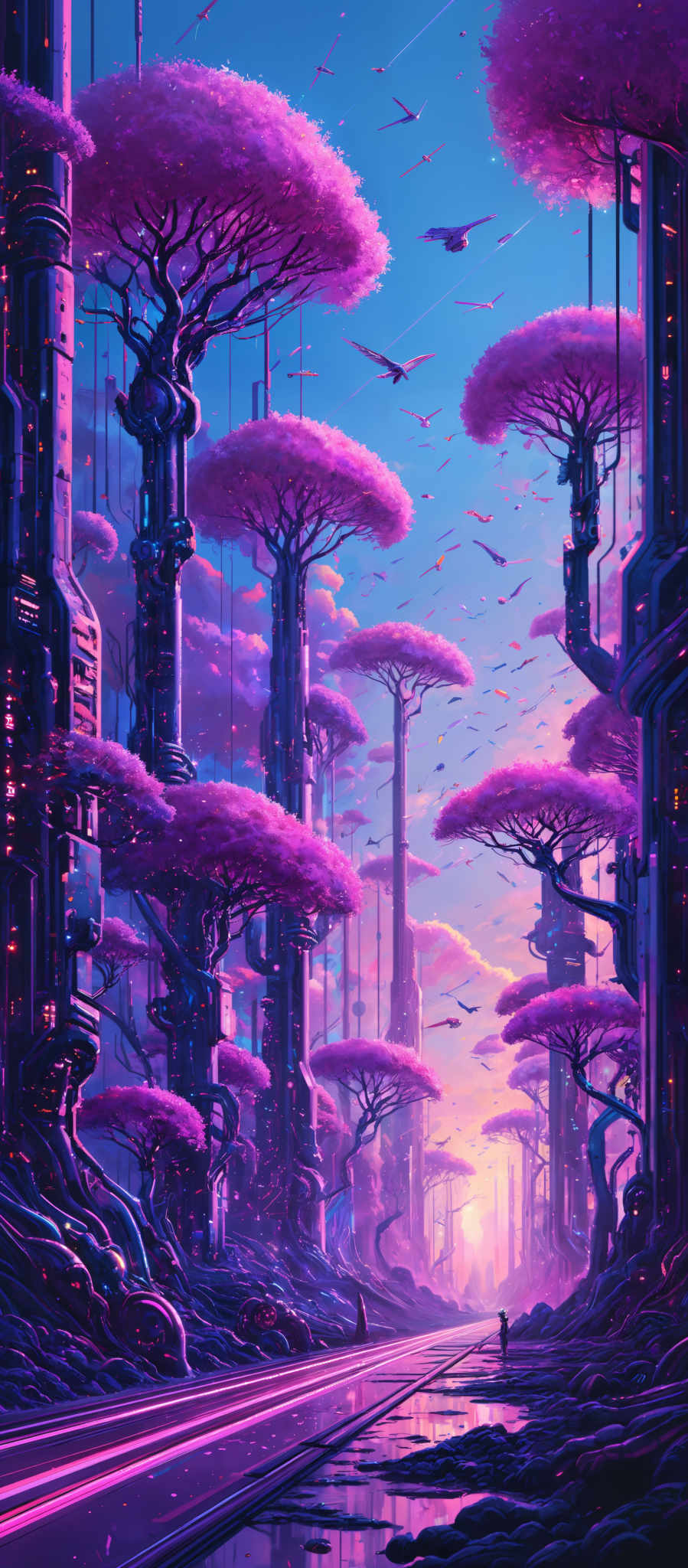 The image showcases a vibrant and futuristic cityscape. The dominant colors are shades of blue, purple, and pink. The city is built on tall, slender structures that resemble trees, with intricate designs and lights. These structures have pink canopies that look like they are made of a luminescent material. The sky is a deep blue with streaks of light, and there are flying vehicles that add to the futurism of the scene. The ground is reflective, possibly made of water or a polished surface, and it has a few silhouettes of people or figures.