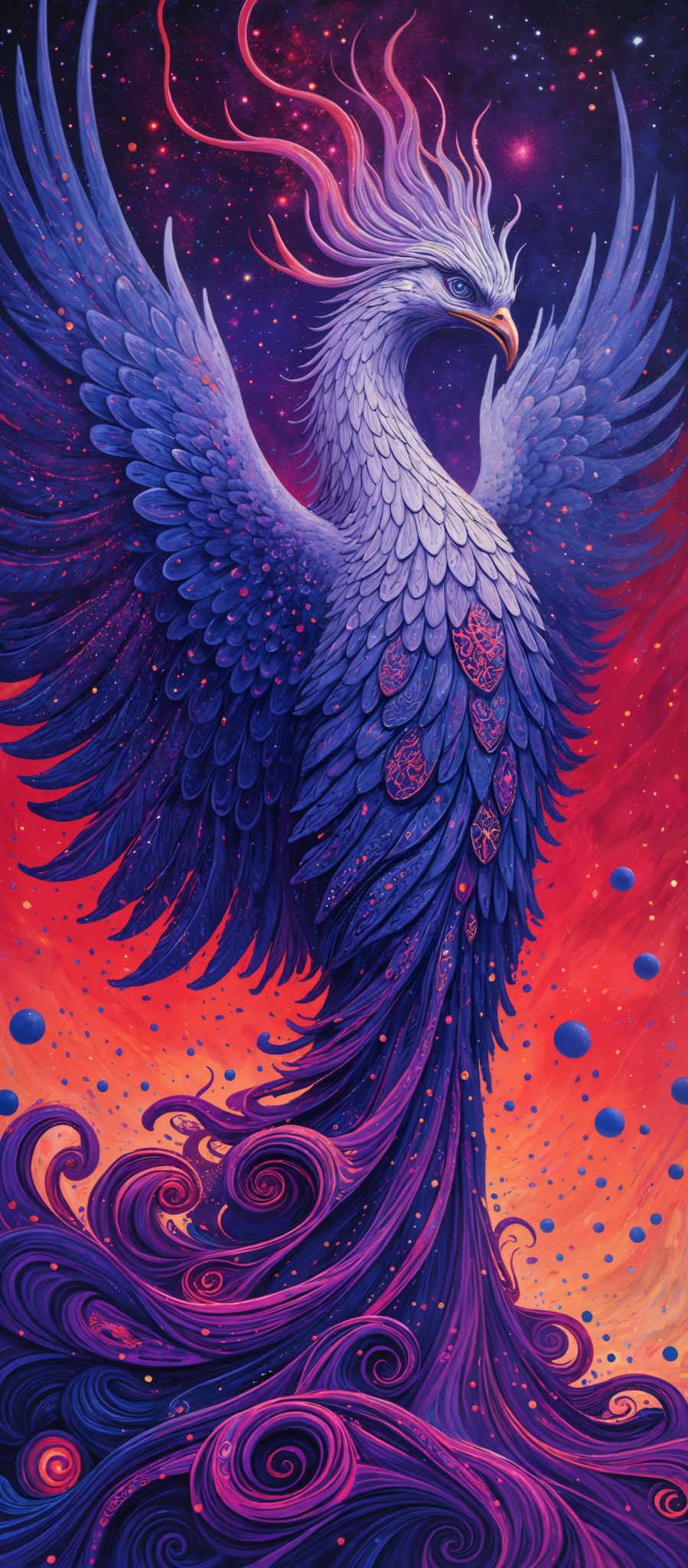 The image showcases a majestic, mythical bird with a combination of blue and purple feathers. The bird's wings are spread wide, displaying intricate patterns and a mix of colors. Its head is adorned with a white crest, and its eyes are sharp and focused. The background is a vibrant mix of deep purples, blues, and reds, with a cosmic feel, filled with stars and swirling patterns. The bottom of the bird seems to be merging with a flowing, wavy pattern in purple and blue, giving the impression of a river or a magical stream.