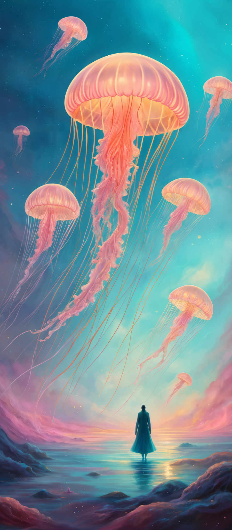 Ethereal pink jellyfish drift gracefully in a dreamy, starry sky. A mysterious figure in a flowing dress stands in shallow waters, gazing up in wonder. The surreal scene blends reality and fantasy, creating a mesmerizing, otherworldly atmosphere.