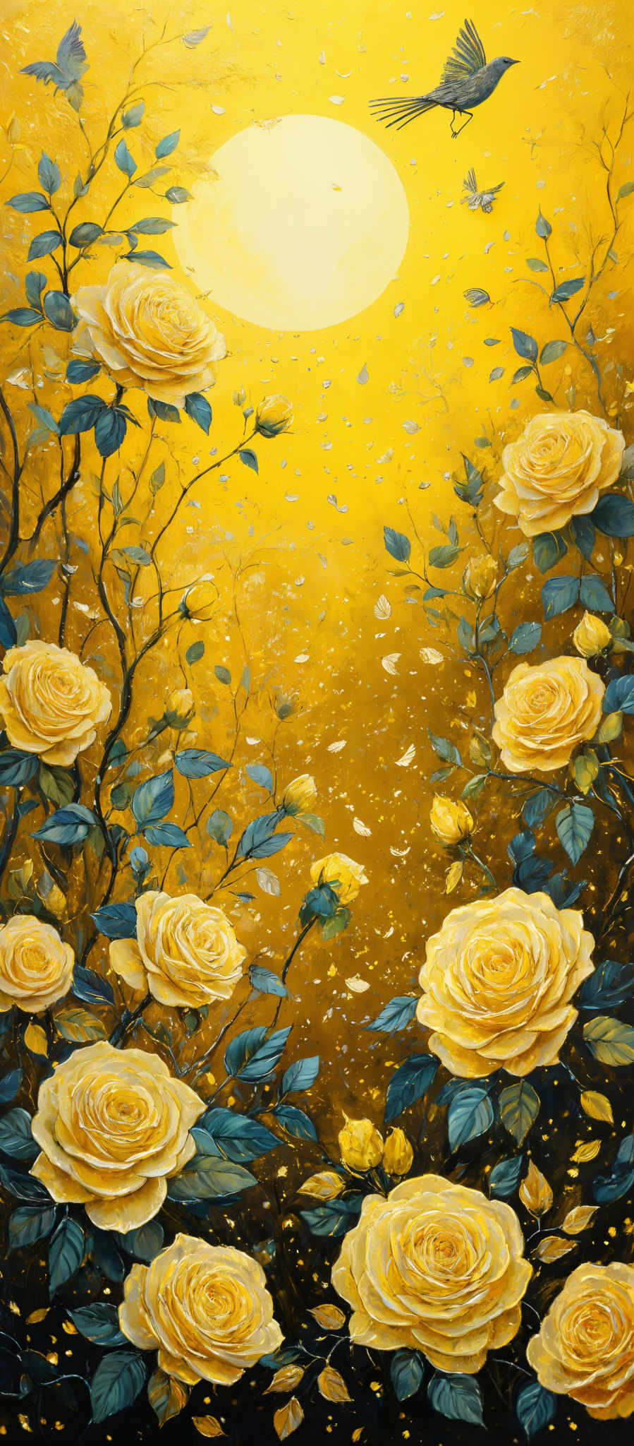 The image predominantly features warm and vibrant colors. The background is a radiant shade of yellow, which gives a feeling of warmth and brightness. The central element is a large, glowing white circle, possibly representing the sun or moon. Surrounding this circle are numerous yellow roses with intricate details, showcasing their petals and leaves. The roses are intertwined with branches, and there are small blue birds flying around, adding to the serene ambiance. The overall composition is dreamy and ethereal, with a touch of nature's beauty.