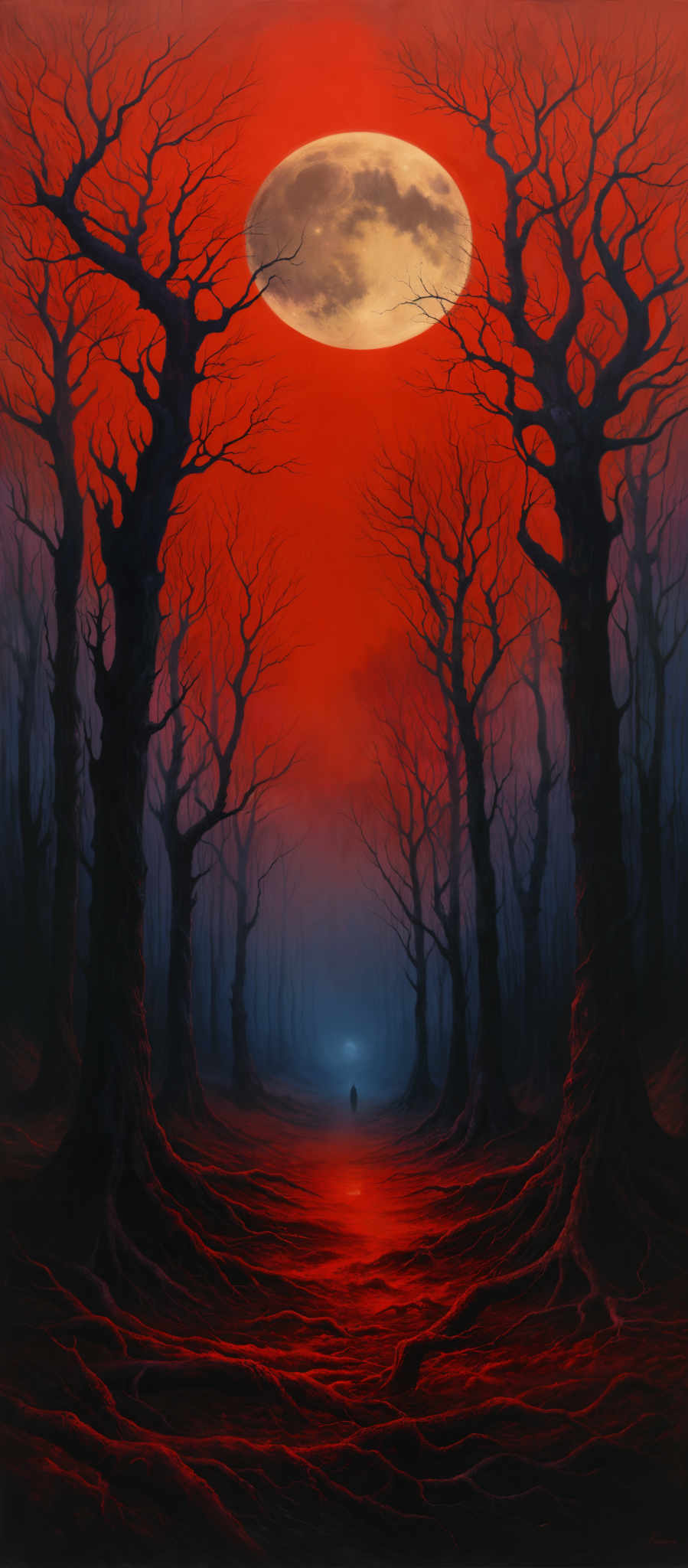 The image predominantly features a deep red hue, creating an eerie and mysterious ambiance. The sky is filled with a large, glowing moon that appears to be partially obscured by a dark cloud. Beneath the moon, the landscape is filled by tall, twisted trees with gnarled branches. The ground is covered in a red, almost liquid-like substance, which gives the scene a surreal and otherworldly feel. In the distance, a lone figure can be seen walking on this red path, further enhancing the sense of solitude and mystery.