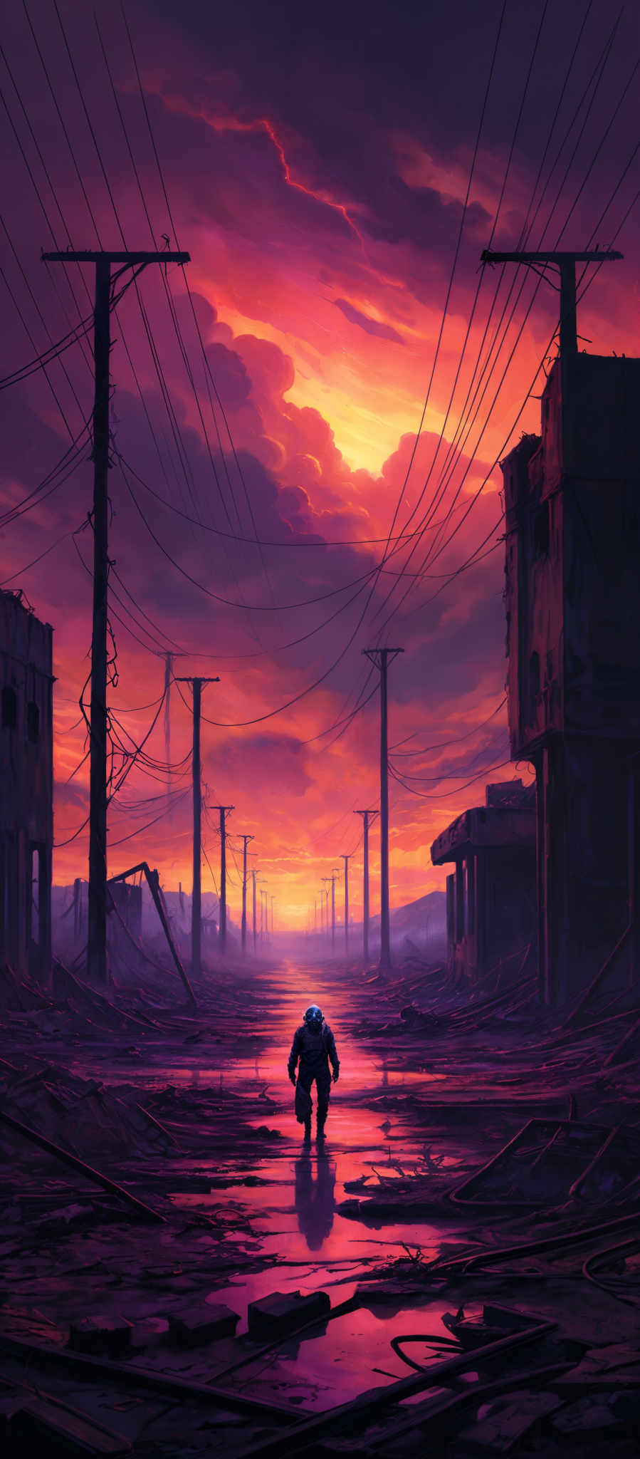 The image showcases a vivid and dramatic sunset with hues of red, orange, and purple. The sky is filled with thick, cloudy formations that are illuminated by the setting sun. The ground is wet, reflecting the colors of the sky, and is littered with debris, broken structures, and remnants of what might have been a city. Power lines run parallel to the road, and their poles are visibly damaged. In the foreground, there's a lone figure, possibly a person, walking towards the viewer. The overall atmosphere of the image is post-apocalyptic, evoking feelings of desolation and solitude.