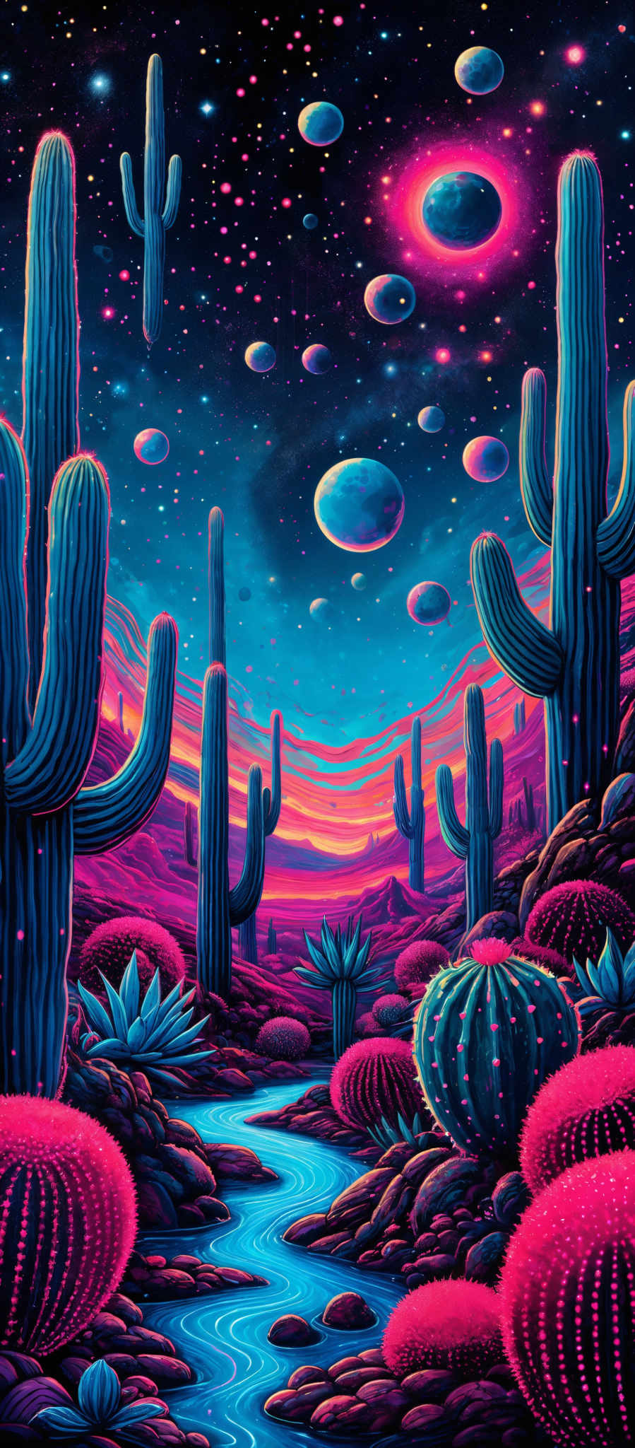 The image showcases a vibrant and surreal nighttime landscape. The sky is filled with various sizes of celestial bodies, including planets and moons, all illuminated in hues of pink, blue, and purple. These celesties are set against a deep blue backdrop dotted with stars. The ground is dominated by tall, slender cacti that stretch towards the sky. The cactus' arms are painted in shades of blue and purplish-pink, contrasting with the orange and red hues that form a horizon line in the distance. A winding river or stream flows through the center of the image, reflecting the colors of the sky and surrounded by rounded stones. The overall atmosphere of the artwork is mystical and otherworldly.