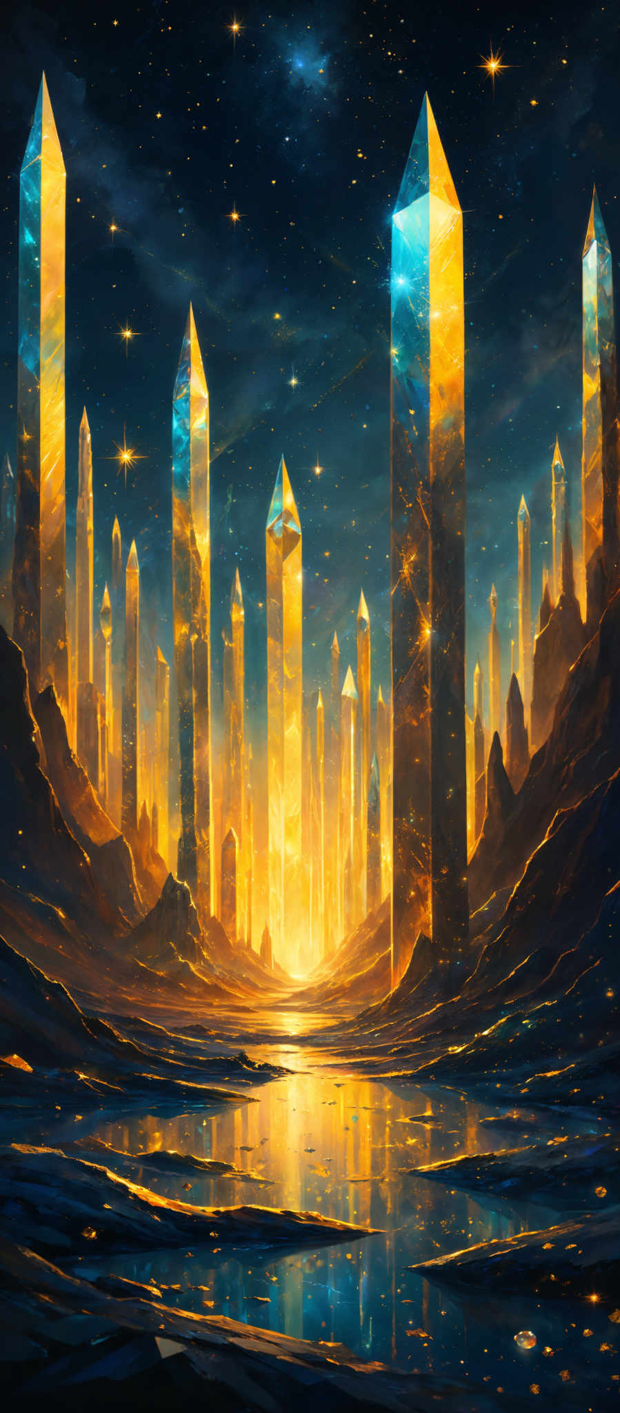 The image showcases a surreal landscape dominated by tall, crystalline structures that pierce the night sky. These structures are illuminated from within, emanating a golden-yellow glow that contrasts with the deep blue of the night. The sky is dotted with stars and a nebulous formation, adding to the mystical ambiance. The ground is rugged with sharp, jagged rocks and a reflective body of water that mirrors the glowing structures. The overall color palette is a blend of deep blues, golden yellows, and hints of orange, creating a dreamlike atmosphere.