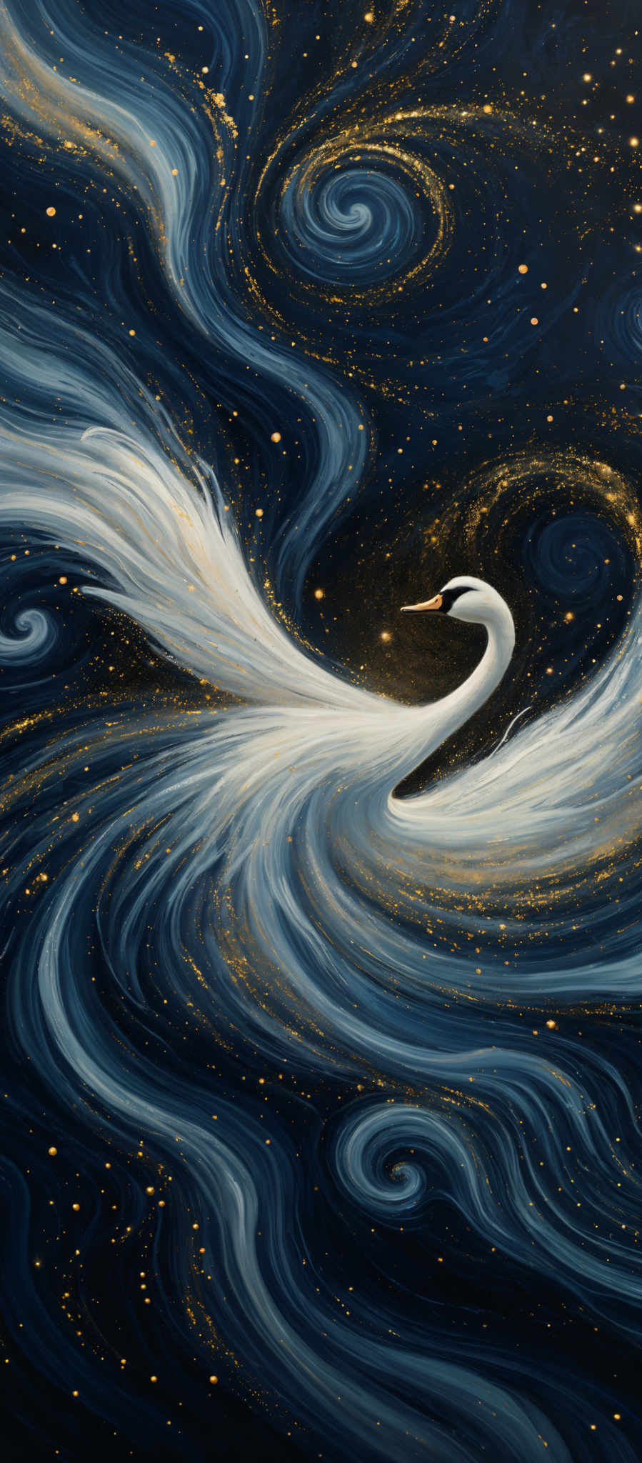 The image showcases a beautifully painted swan amidst a cosmic backdrop. The swan is predominantly white, with a graceful posture, and its wings are spread wide, showcasing intricate patterns of white and blue. The background is a deep blue, interspersed with swirling patterns of gold and white, resembling galaxies or nebulas. The gold specks give a sense of shimmering stars or distant galaxies, adding to the ethereal quality of the scene.