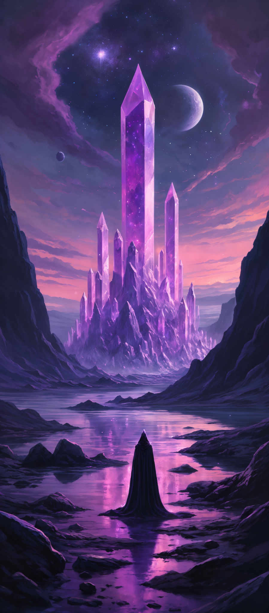 The image showcases a surreal landscape dominated by hues of purple and pink. There are towering crystal structures that glow with a luminescent pinkish hue, resembling giant crystals or magical artifacts. These structures are surrounded by rugged terrains and bodies of water. Above, the sky is painted with deep purple clouds, and there are celestial bodies like planets and stars visible. In the foreground, a lone figure draped in a cloak stands by the water, gazing up at the magnificent crystalline structures.