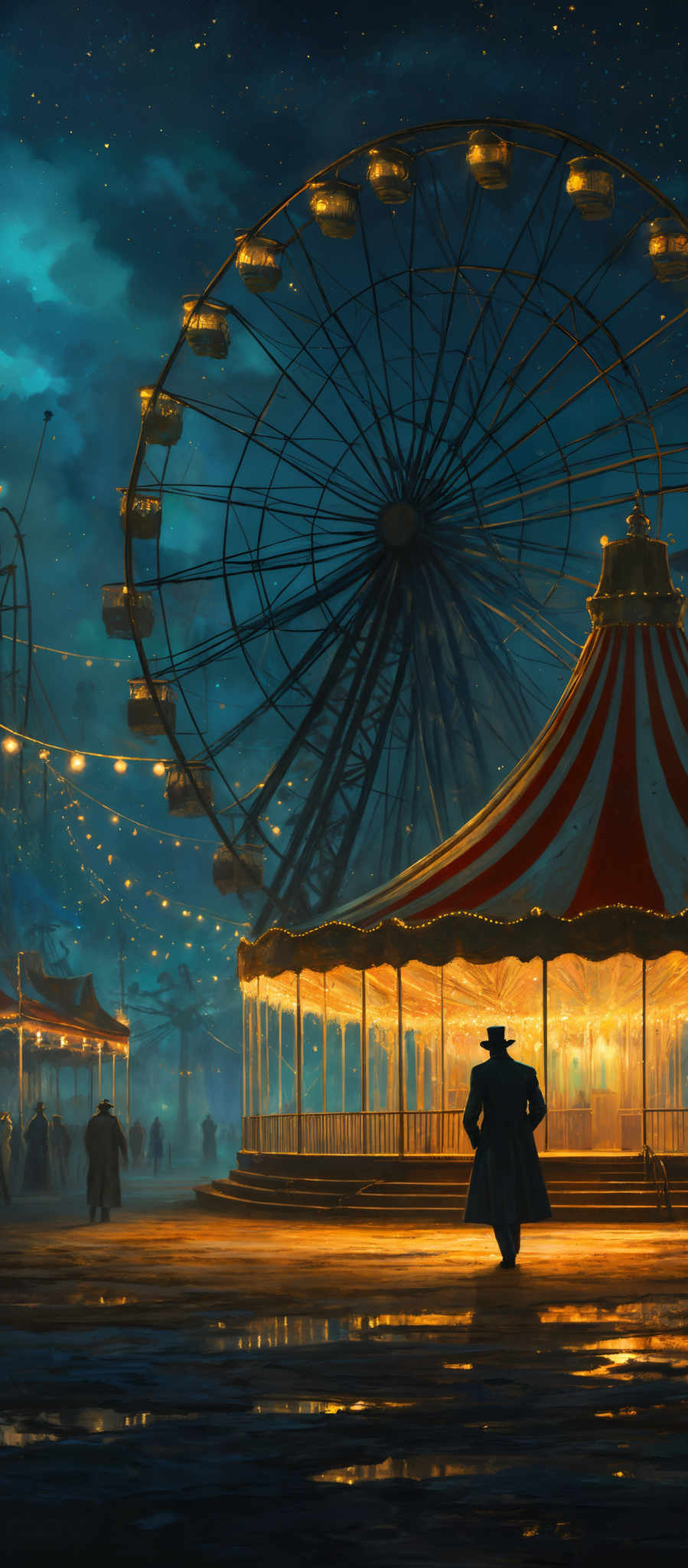 The image showcases a nighttime scene at an amusement park. Dominating the scene is a large ferris wheel with multiple carriages, each illuminated from within. Adjacent to the ferrise wheel is a carousel with a striped canopy. The sky is painted in deep blues and is dotted with stars, giving an ethereal feel. Below, there are several people, some walking and others standing, illuminating the area with their silhouettes. The ground appears wet, reflecting the lights from the f Ferris wheel and carousel. There are also various other structures and lights scattered throughout the scene, adding to the festive atmosphere.