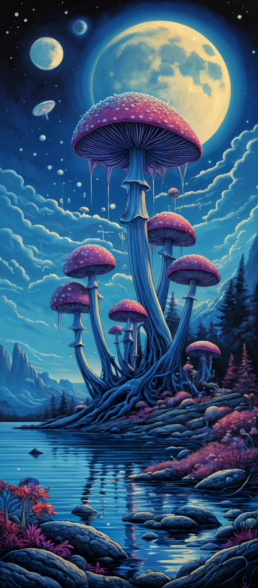 The image showcases a vibrant and surreal landscape. Dominating the scene are large, towering mushrooms with vivid red caps and blue stems. These mushroom structures are reminiscent of fantasy worlds, with their stems curling upwards and droplets hanging from their undersides. The moon, which is partially visible, casts a soft glow over the scene, illuminating the mushrooms and the surrounding environment. The sky is painted in deep blues and purples, dotted with stars and celestial bodies. Below, there's a serene body of water reflecting the mossy rocks and the mammoth mushroms. The landscape is adorned with various plants, including red shrubs and ferns, and there are mountains in the distance. The entire scene exudes a dream