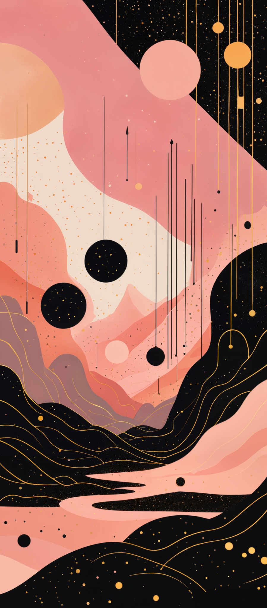 The image showcases a surreal landscape with a blend of pastel and dark colors. Dominant colors include shades of pink, black, and gold. The landscape features undulating hills or mountains with wavy patterns, and there are various circular and oval shapes floating in the sky. Some of these shapes resemble planets or celestial bodies, while others appear to be abstract elements. The background is filled with a starry night sky, and golden vertical lines descend from the top, giving an impression of falling or dripping elements.