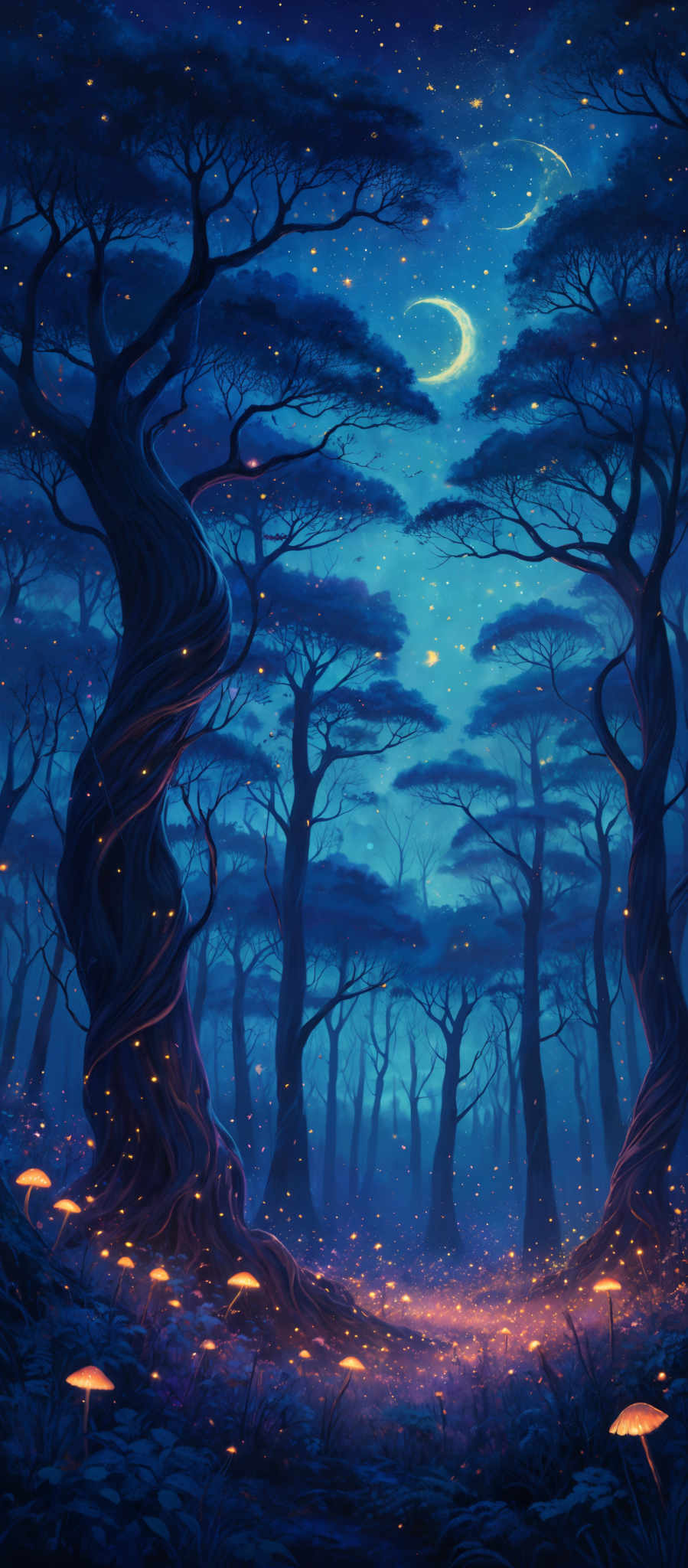 The image showcases a mystical forest scene during nighttime. The dominant colors are shades of blue and purple, creating a serene and dreamy atmosphere. The trees are tall and twisted, with their branches reaching out in various directions. The ground is covered with glowing orange mushrooms, and there are two crescent moons visible in the sky. The sky is filled with stars, adding to the enchanting feel of the scene.