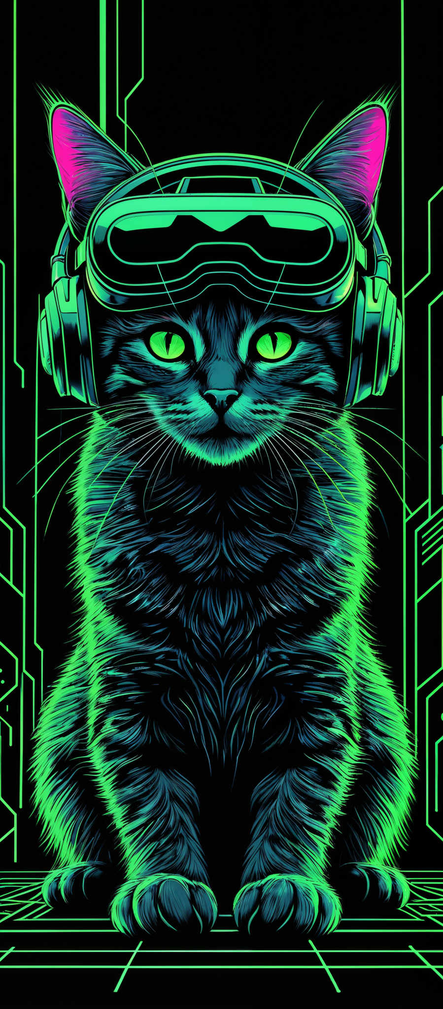 The image showcases a cat with vibrant neon colors. The cat has a deep blue fur with striking green eyes. It is wearing a pair of headphones and a virtual reality (VR) headset. The background is a dark space with neon green outlines of geometric shapes, possibly representing a digital or cyber environment.