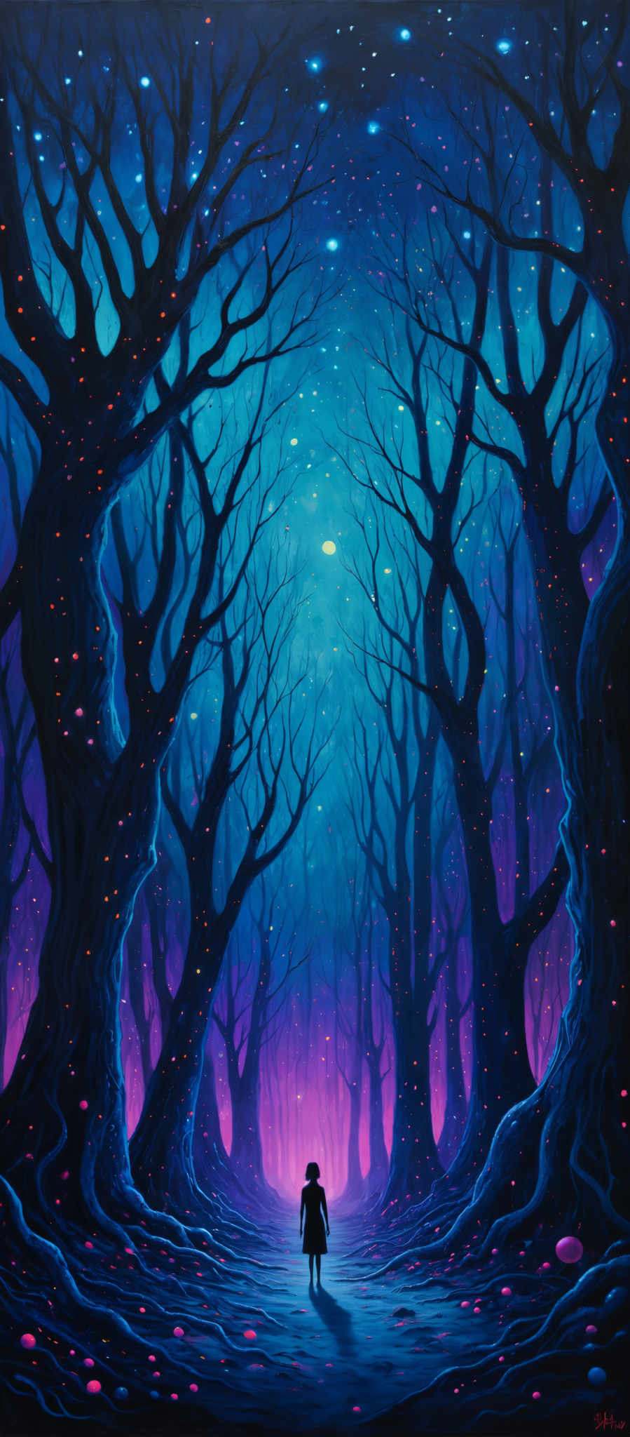 The image showcases a surreal and mystical forest with tall, gnarled trees that stretch upwards, their branches intertwining to form a canopy overhead. The ground is covered with a shimmering, multicolored carpet of what appears to be fireflies or some other luminescent creatures. The forest is bathed in a deep blue hue, with patches of purple and pink, creating an ethereal and dreamlike atmosphere. A solitary figure, possibly a woman, stands in the center of the path, looking up at the canopy, adding a sense of scale and wonder to the scene.