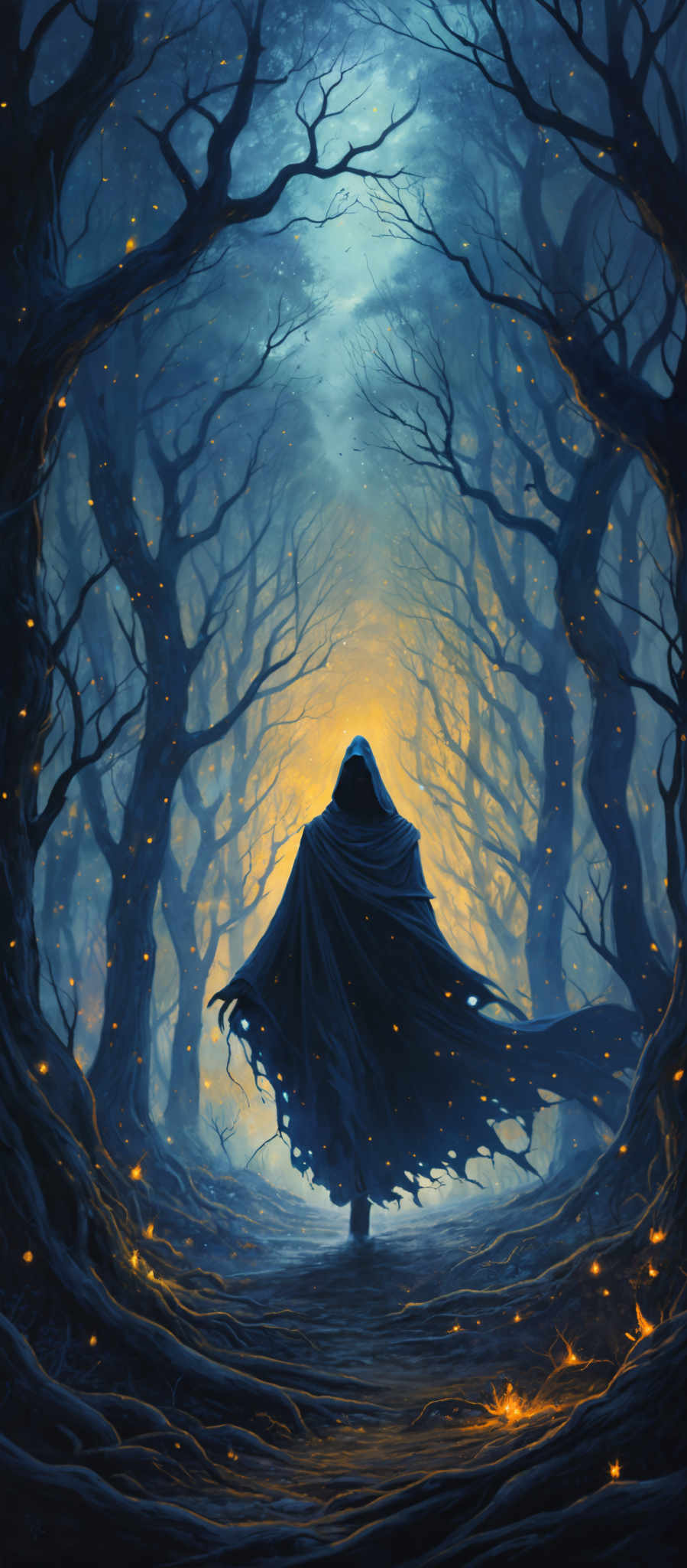 The image predominantly features cool tones, with shades of blue and gray dominating the scene. The trees have gnarled and twisted branches, creating a dark and eerie atmosphere. The ground is covered with what appears to be a mixture of leaves and possibly snow, giving it a frosty look. The most striking element is a cloaked figure with a hood, standing in the center of the path. The figure's cloak is flowing, and the hood obscures their face, adding to the mystery. The background reveals a bright, golden light, possibly representing a source of warmth or magic amidst the cold surroundings.