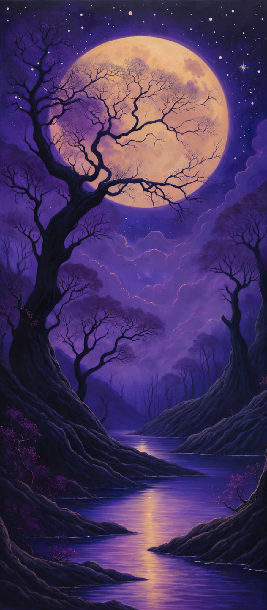 The image showcases a surreal landscape dominated by hues of purple and blue. A large, glowing moon serves as the backdrop, casting a soft light over the scene. In the foreground, there's a twisted, gnarled tree with bare branches, its silhouette contrasting against the moon's brightness. The tree's roots extend into the water below, forming a bridge-like structure over a calm river. The river reflects the moon and the surrounding environment, adding depth to the scene, while the sky is dotted with stars, further enhancing the mystical ambiance.