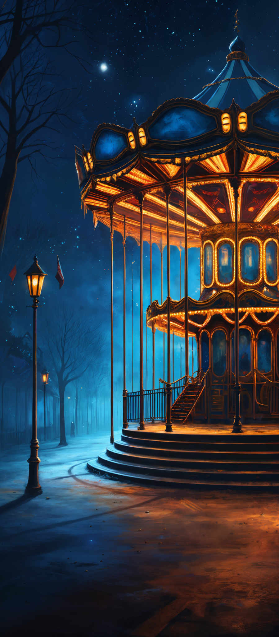 The image showcases a vibrant night scene with a carousel illuminated by warm, golden lights. The carousel has multiple levels, each adorned with intricate designs and glowing lights. To the left, there's a lone street lamp emitting a soft glow, casting a shadow on the cobblestone ground. The background is filled with a starry night sky, and there are silhouettes of trees lining the pathway. The color palette is dominated by deep blues and warm golden hues, creating a contrast between the cold night and the warmth of the carousel.