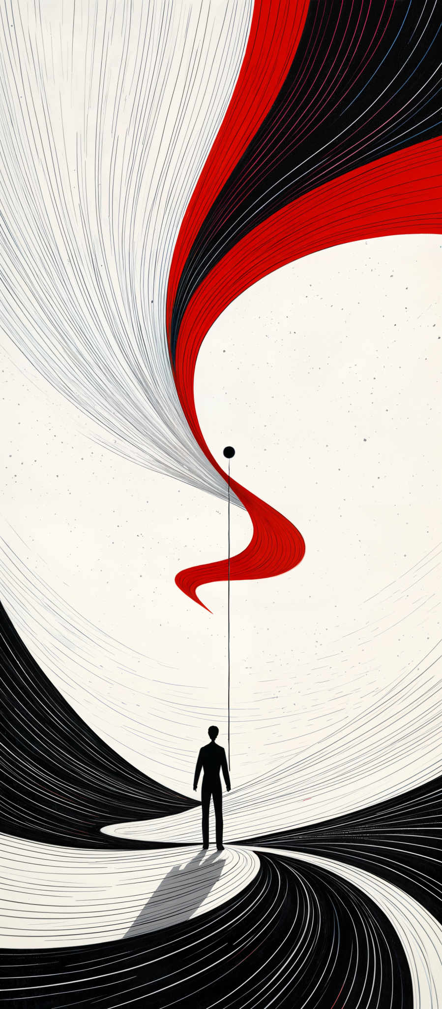 The image showcases a vibrant and abstract representation. Dominating the top half is a swirling pattern of white, black, and red lines, creating an illusion of a vortex or whirlwind. The bottom half features a silhouette of a person standing on a wavy black and white surface, holding a long pole or stick that points upwards towards the swirly pattern. The entire composition gives a sense of motion, contrast, and balance.