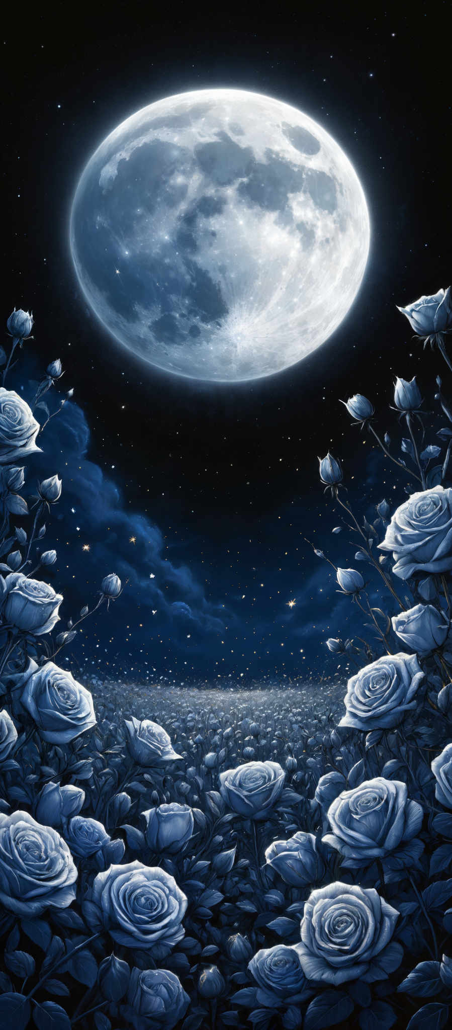 The image predominantly features shades of blue and black. The moon is a large, round, and luminous celestial body with a detailed surface showing craters and valleys. It is set against a dark, starry sky. Below the moon, there's a vast field of blue roses, each intricately detailed with petals, stems, and leaves. The roses seem to be illuminated, possibly by the moon's light, giving them a glowing appearance. The background is filled with a deep blue hue, suggesting either a night sky or an atmosphere filled with clouds.