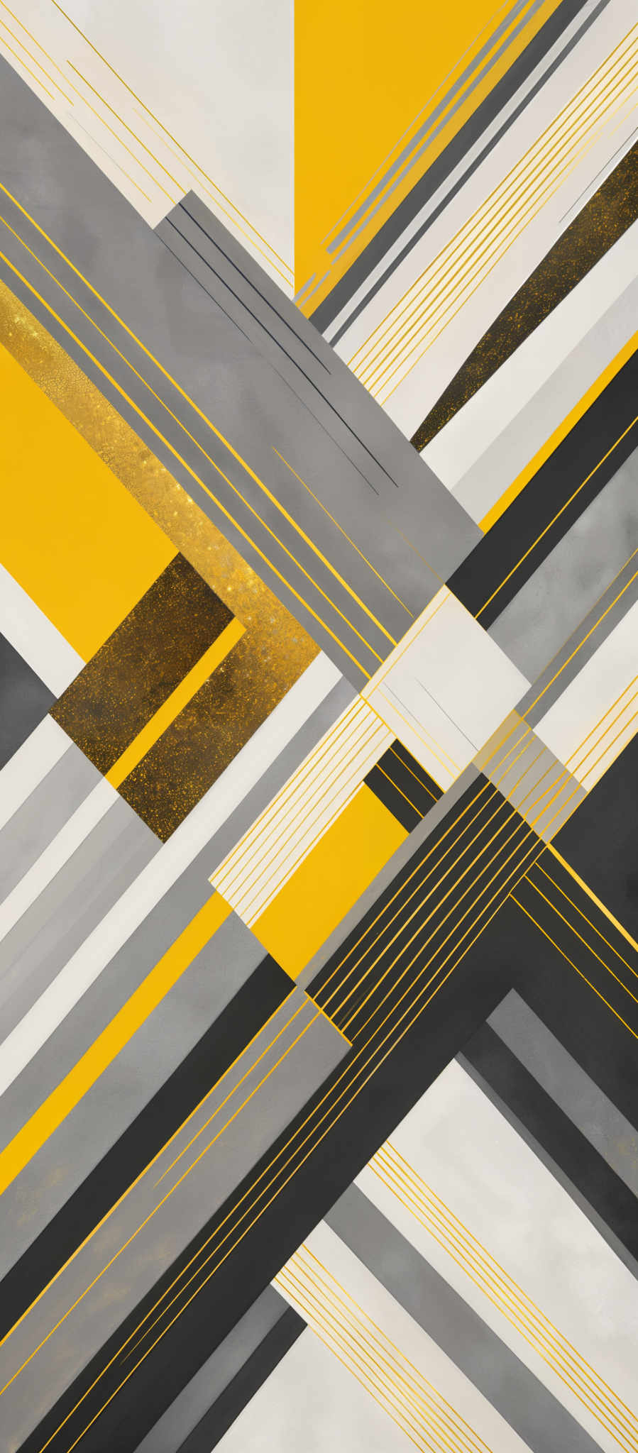 The image showcases an abstract design with intersecting lines and shapes. It predominantly features shades of gray, white, and yellow. The design consists of crisscrossing lines, some of which are solid while others have a sparkling texture, possibly indicating a metallic or glittery finish. The shapes are geometric, with some appearing as rectangles and others as triangles. The overall feel of the image is modern and dynamic, with the contrasting colors adding depth and visual interest.