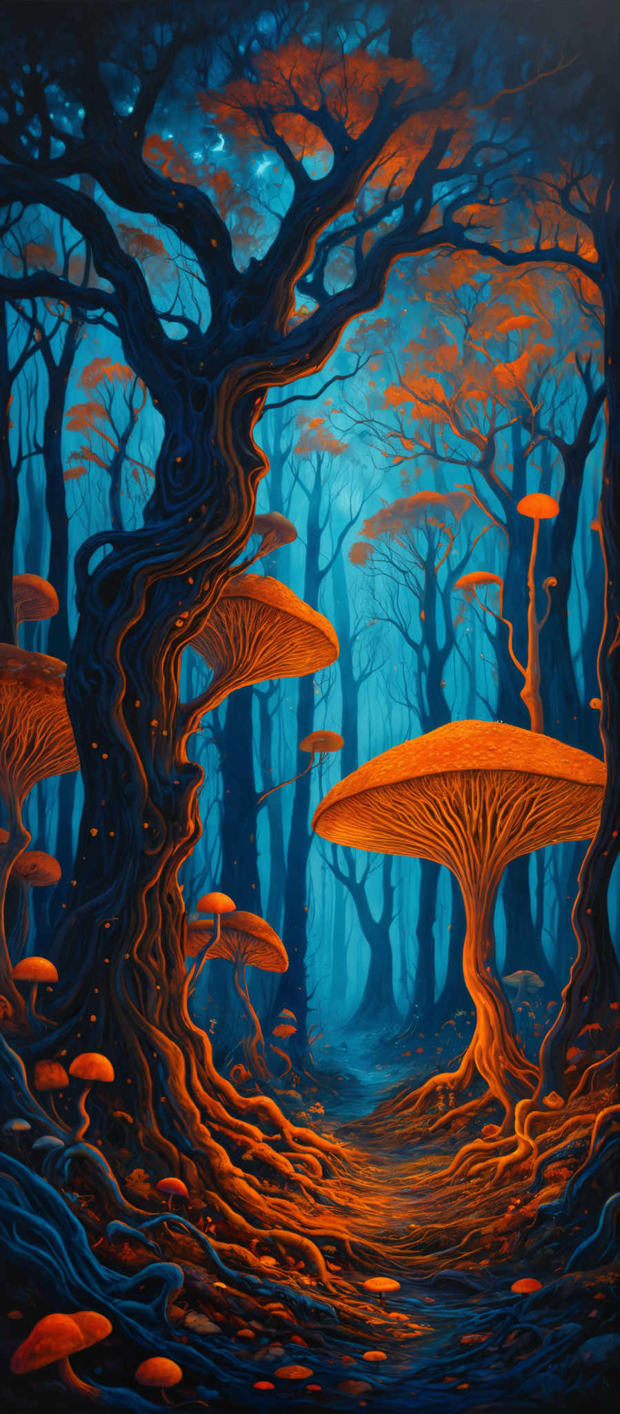 The image showcases a vibrant and mystical forest scene. Dominating the scene are large, twisted trees with gnarled branches. These trees have a deep blue hue, contrasting with the fiery orange and red leaves that seem to be floating or falling from them. The ground is covered with a thick layer of fallen leaves, and there are numerous oversized mushrooms with a golden-yellow hue. These mushroom caps are shaped like umbrellas and have intricate patterns on them. In the background, there's a misty blue ambiance, suggesting that the forest is deep and dense. The entire scene is illuminated with a soft, ethereal light, giving it a dreamy and otherworldly feel.