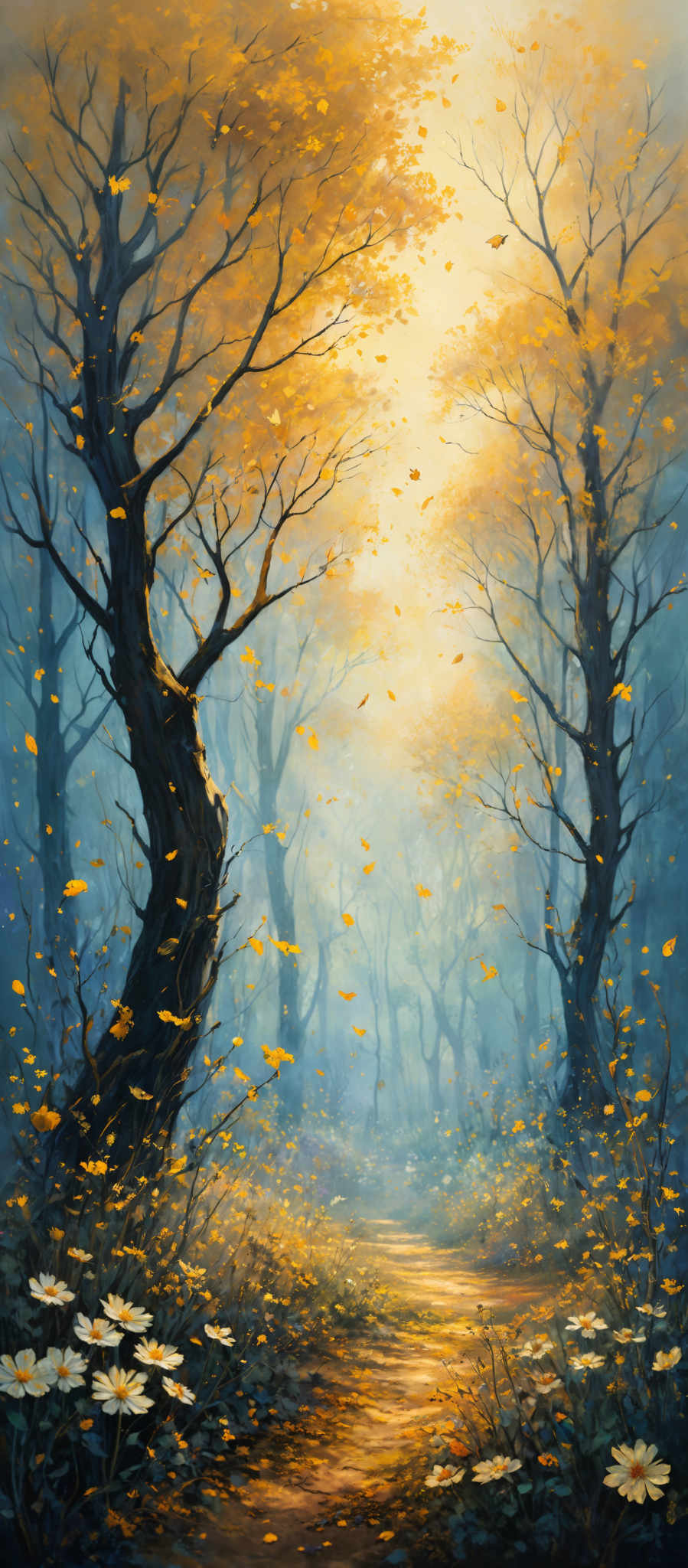 The image showcases a serene forest scene during autumn. The dominant colors are shades of blue, orange, and yellow. The trees, with their twisted and gnarled branches, are adorned with golden-yellow leaves that are falling, creating a picturesque scene. The ground is covered with fallen leaves, and there are white flowers scattered around. A soft mist envelops the forest, adding to the ethereal quality of the scene. A pathway, slightly illuminated, winds its way through the forest.