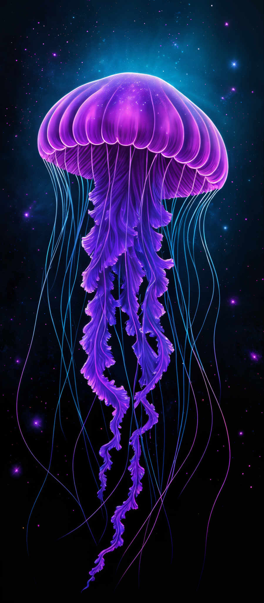 The image showcases a vibrant and mesmerizing depiction of a jellyfish. The jelly fish has a translucent, dome-shaped umbrella-like top, which is a deep shade of purple. Its tentacles are long and delicate, cascading downwards in a wavy pattern. The tentacles exhibit a gradient of colors, transitioning from a deep purple at the base to a lighter, almost neon shade at the tips. The background is a dark, starry space, with a deep blue hue that contrasts beautifully with the luminescent colors of the jellyfish.