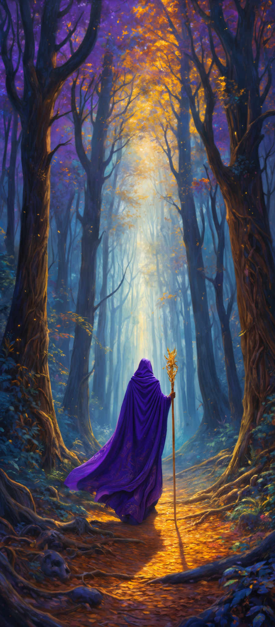 The image showcases a mystical forest with tall, twisted trees. The leaves of the trees are a vibrant mix of purple, orange, and blue, suggesting an autumn setting. The ground is covered with fallen leaves, and there are some rocks and a skull visible. A bright light source emanates from the center, illuminating the path and casting a golden hue on the surroundings. A figure, draped in a purple cloak, stands in the foreground holding a staff with a unique emblem.