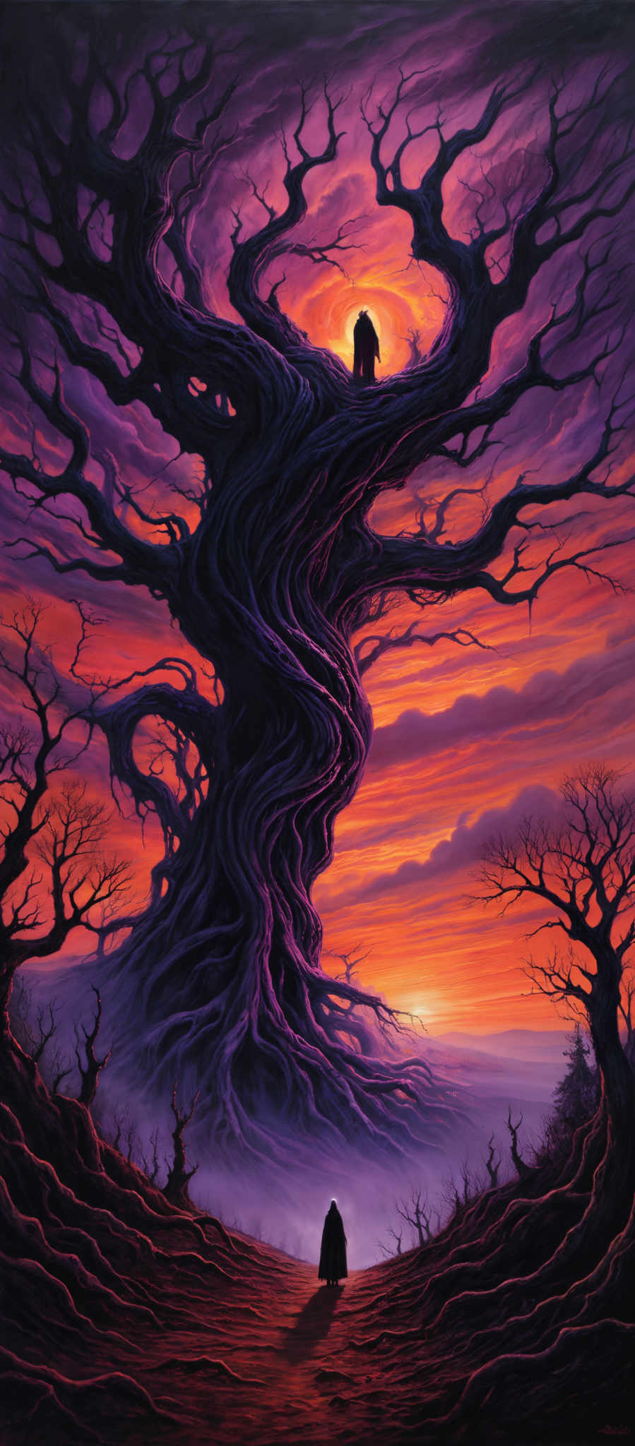 The image showcases a vast and intricate landscape dominated by a massive, twisted tree with sprawling branches. The tree's trunk and branches are dark, almost black, and they seem to be intertwined in a complex web. The sky above is painted in hues of purple, pink, and orange, suggesting either a sunrise or sunset. There's a silhouette of a figure standing on one of the tree' branches, and another figure stands on the ground, gazing up at the tree. The ground is rugged with twisted roots and pathways leading towards the tree, and there are barren trees scattered around.