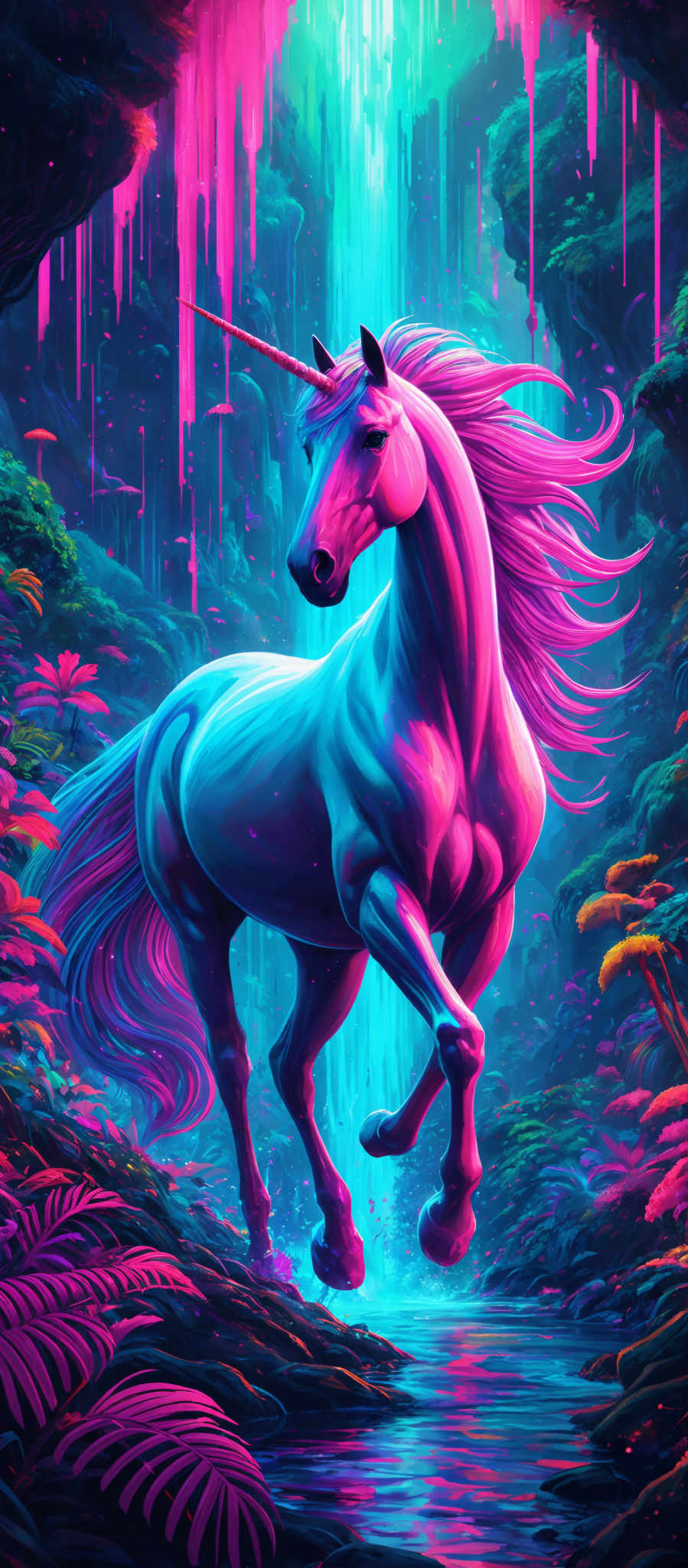 The image showcases a vibrant and colorful scene. The dominant colors are shades of blue, pink, and green. The central figure is a majestic unicorn with a luminescent blue body, a long flowing mane in shades from pink to purple, and a sharp horn pointing upwards. The unicorni is set against a backdrop of a mystical forest with tall trees, cascading waterfalls, and an array of vibrantly colored plants. The entire scene is illuminated with a magical glow, giving it an ethereal and dreamlike quality.