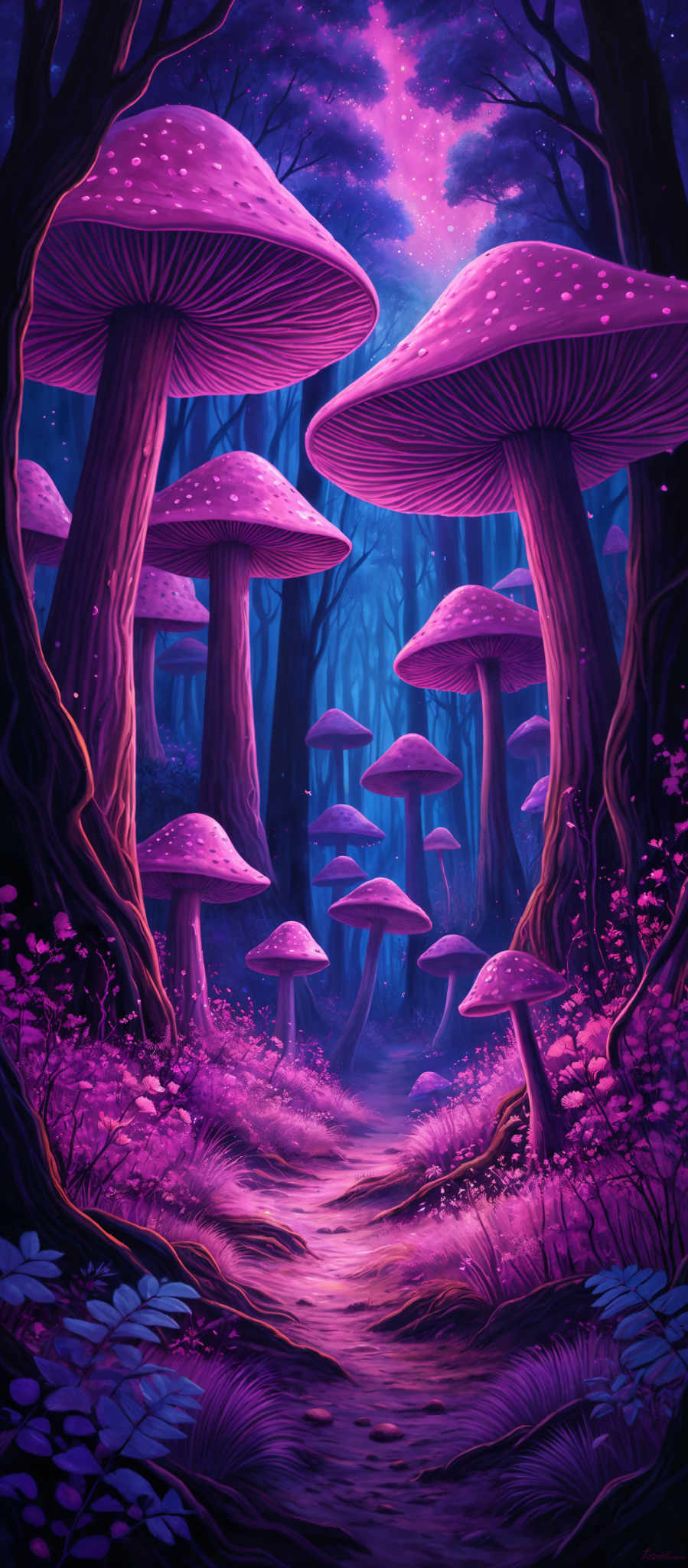 The image showcases a vibrant and mystical forest scene dominated by large, oversized mushrooms. These mushroom caps are a deep shade of purple with white spots, resembling the appearance of the iconic fly agaric mushrooms. The stems of the mushromes are brown and twisted, giving them an ancient and wise appearance. The forest floor is carpeted with shades of purples, pinks, and blues, suggesting the presence of various flora. There's a pathway that meanders through the moss-covered ground, leading the viewer's eye deeper into the forest. The sky above is a deep blue with hints of pink, suggesting either dawn or dusk. The entire scene is bathed in a soft, ethereal light, creating a dreamlike atmosphere.