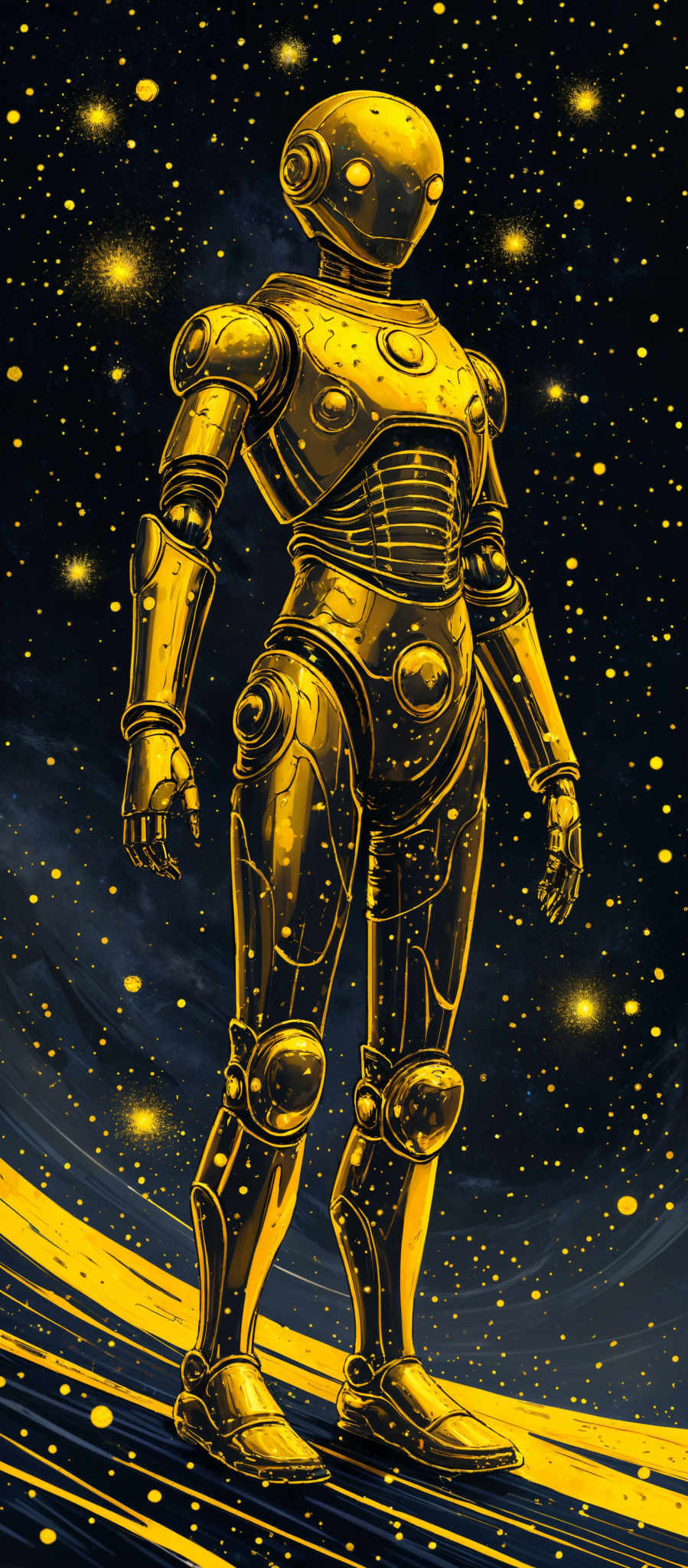 The image showcases a golden robot standing against a backdrop of a starry night sky. The robot is humanoid in shape, with a shiny, reflective gold exterior. It has circular details on its chest, arms, and head. The background is dark, with numerous bright stars scattered across, giving an impression of a vast cosmos.