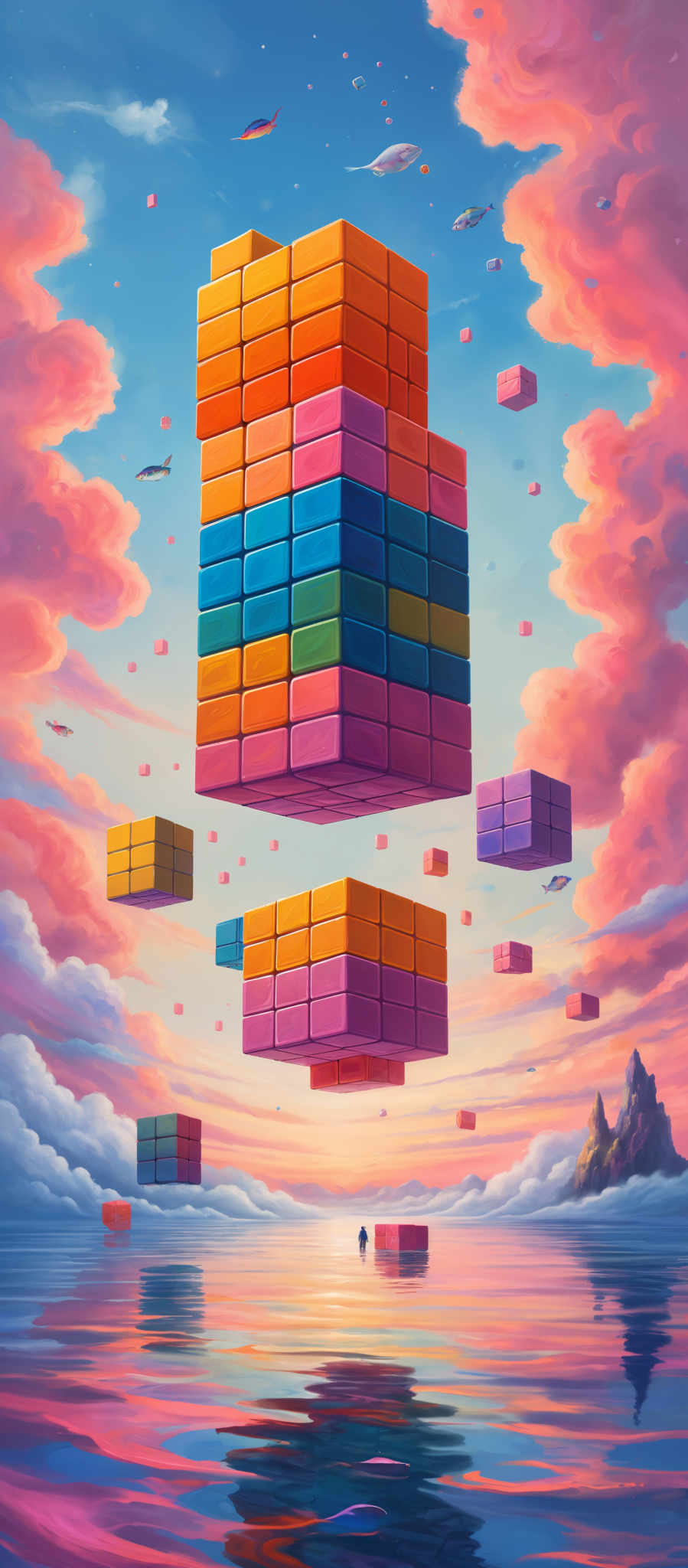 The image showcases a vibrant and surreal scene. The sky is painted in hues of pink, blue, and orange, with fluffy clouds scattered throughout. Floating above the clouds are various colored, 3D-like cubes of different sizes. These cubes are stacked on top of each other, showcasing a myriad of colors including red, blue. yellow, and green. The water below reflects the sky's colors, adding to the dreamy ambiance. In the distance, there's a silhouette of a person standing on a small platform, looking up at the floating cubes. The horizon shows a serene sunset with a mountainous silhouetted against the sky.