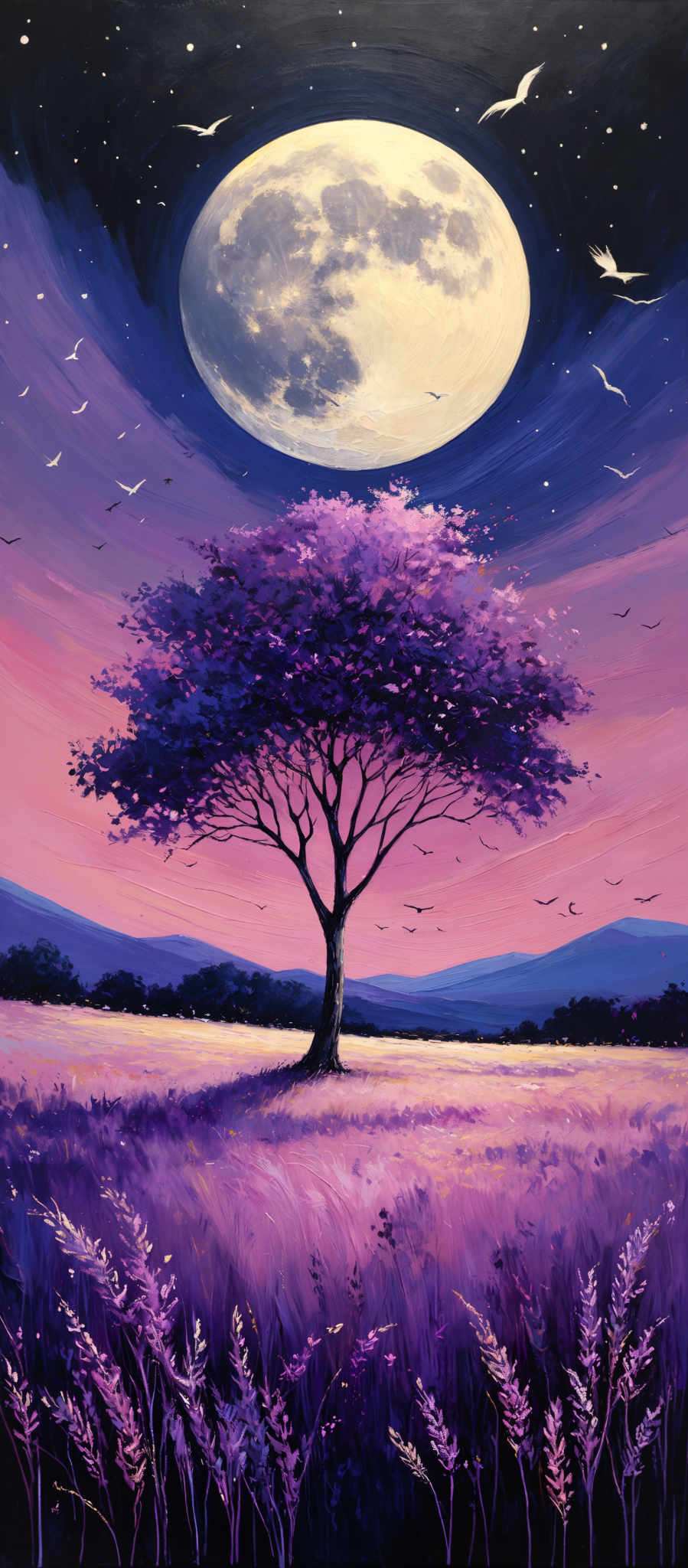 The image showcases a vibrant and colorful landscape. The dominant colors are shades of purple, pink, and blue. At the top, there's a large, luminous moon with a detailed surface, surrounded by a dark blue sky dotted with stars. Birds are seen flying around the moon. Below the moon, there is a solitary tree with purple blossoms, standing tall in a field of lavender. The field stretches out to the horizon, where there are distant hills or mountains. The entire scene is bathed in a soft, ethereal light, creating a dreamy and serene atmosphere.